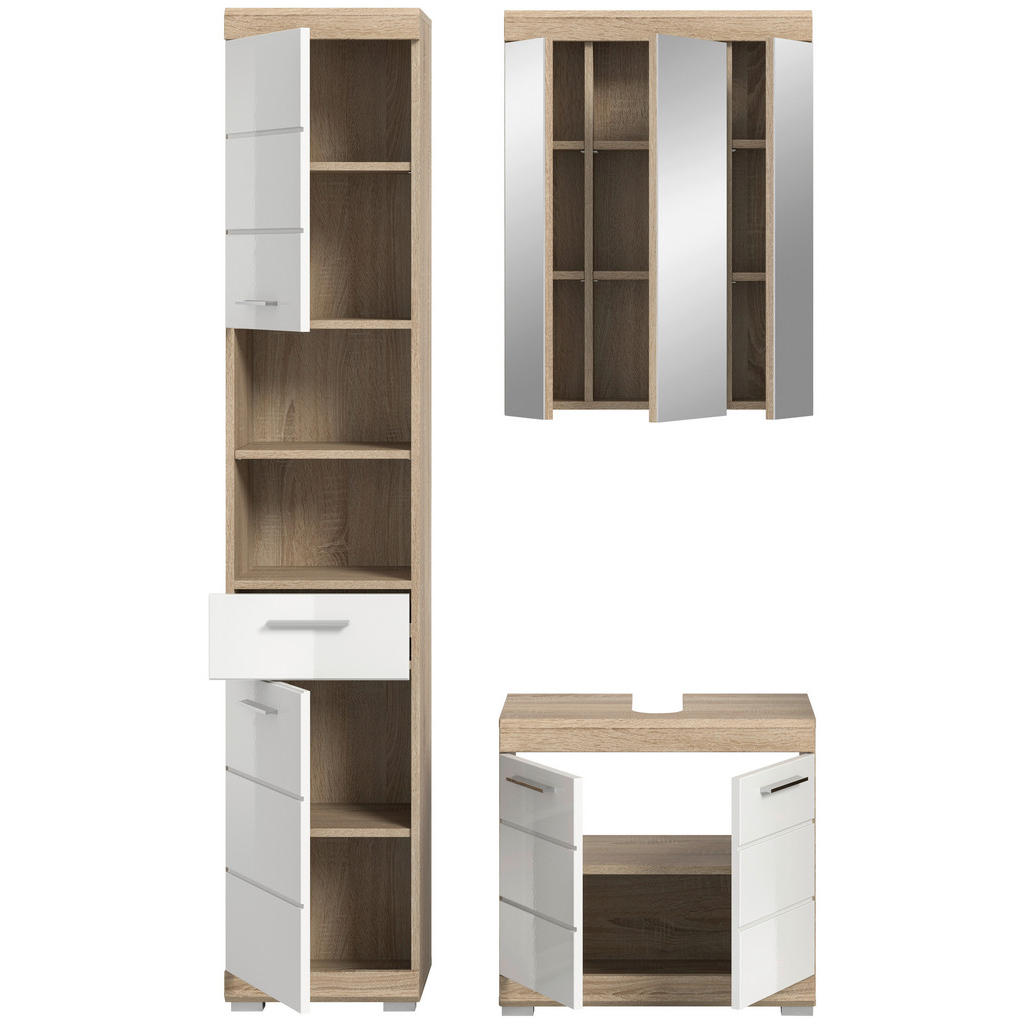 Thumbnail - Mid.you Badezimmer, Sonoma Eiche, Weiß Hochglanz, Kunststoff, 3-teilig, 10 Fächer, 1 Schublade(n) Schubladen, 97 cm, FSC...