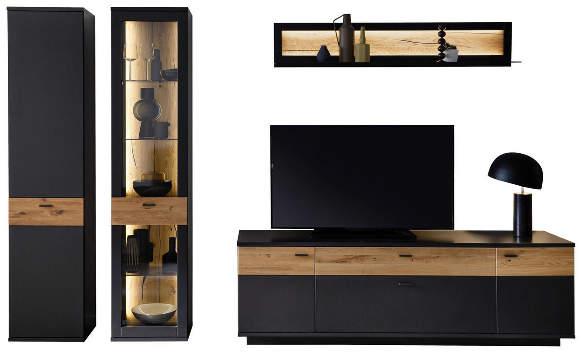 Set Mobilă Living, gri, negru, 305/201/50 cm - negru/gri, Design, sticlă/metal (305/201/50cm) - Novel