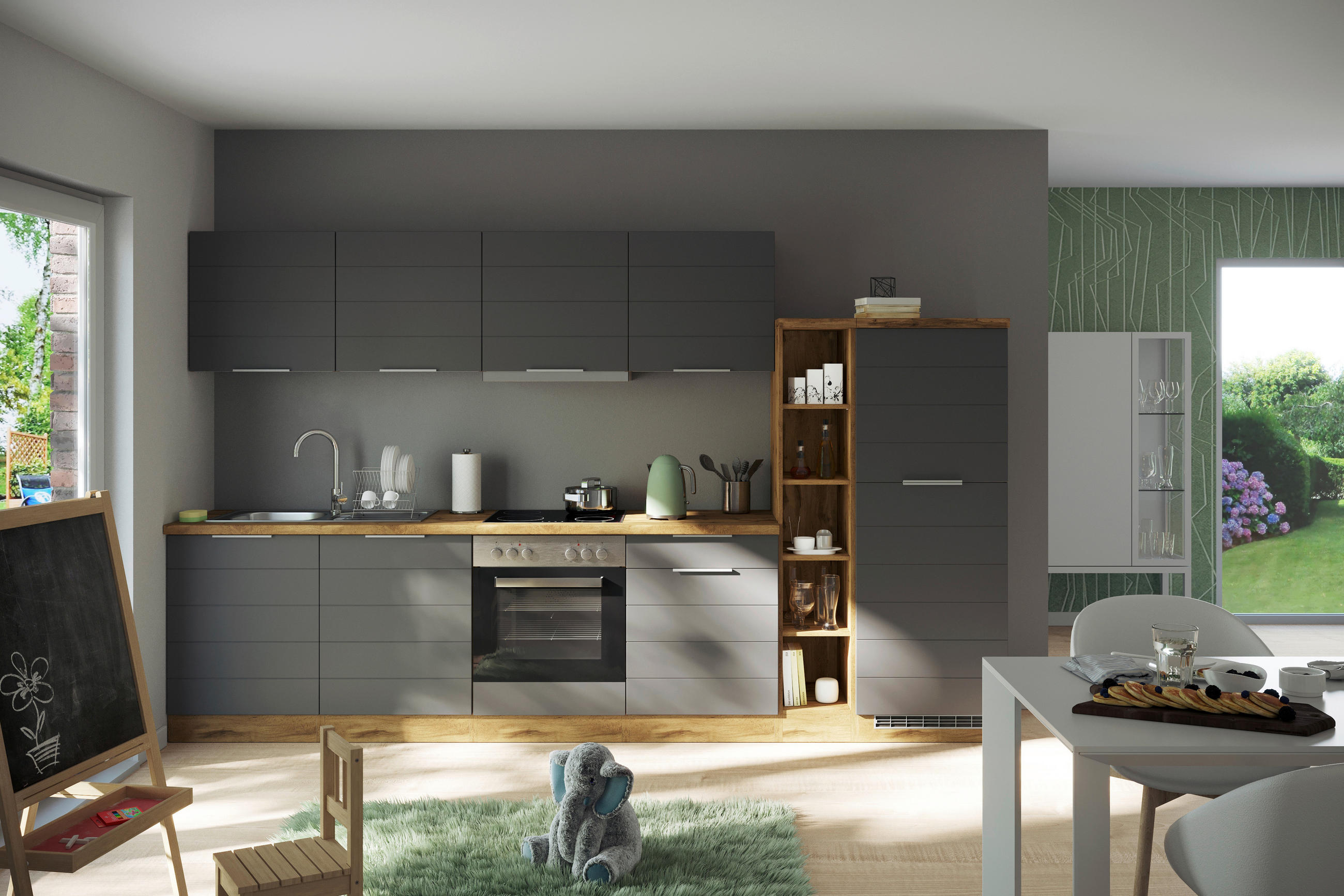 KÜCHENLEERBLOCK 330 cm   in Grau, Eiche Wotan  - Eiche Wotan/Grau, Design, Holzwerkstoff/Metall (330cm) - Held