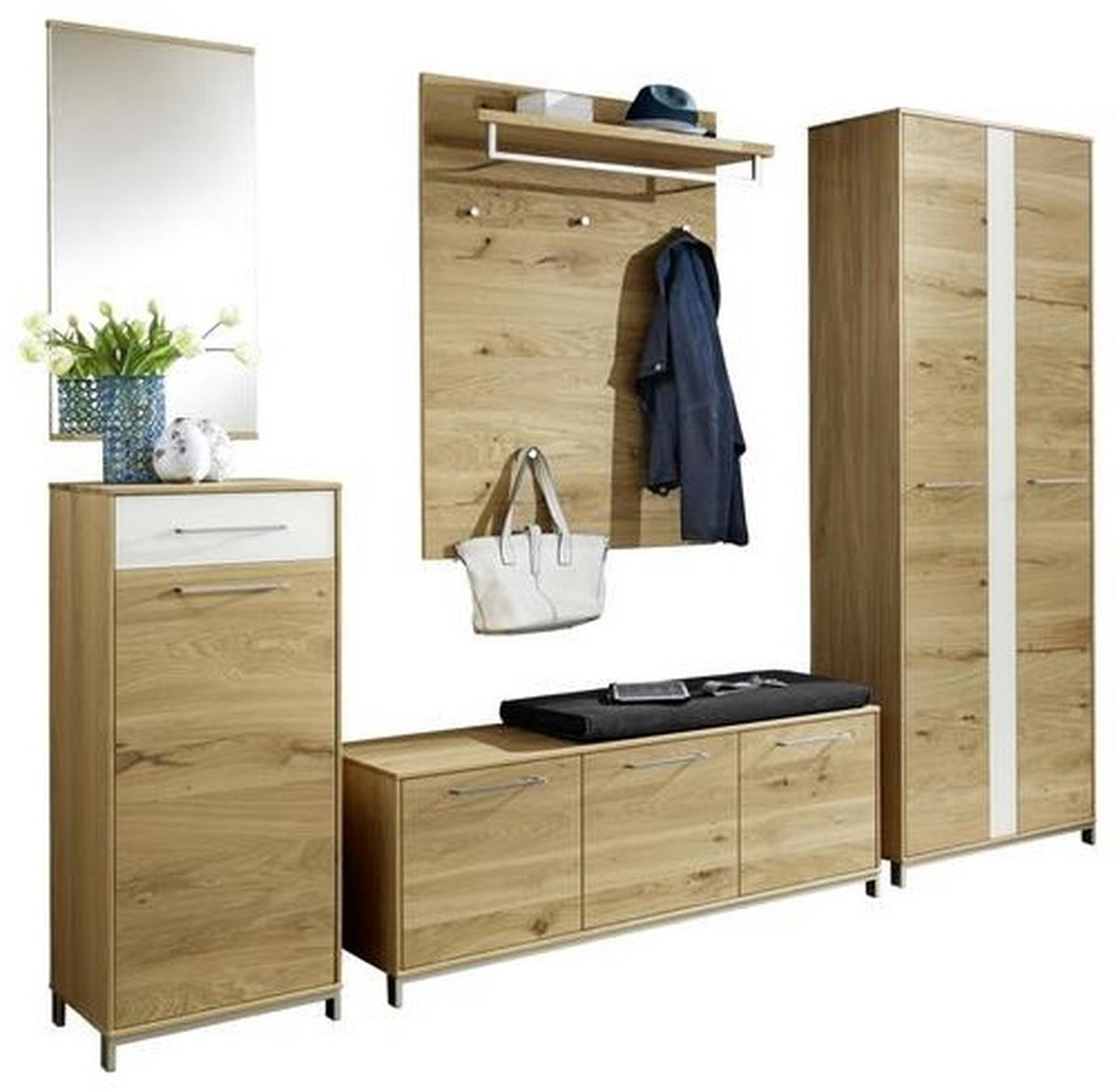GARDEROBE 6-teilig  in 265/195/40 cm  - Weiss/Eichefarben, Design, Glas/Holz (265/195/40cm)