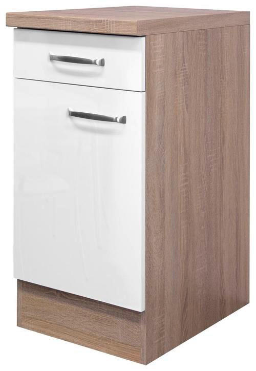 KÜCHENUNTERSCHRANK 40/86/60 cm  in Weiß Hochglanz, Sonoma Eiche  - Edelstahlfarben/Weiß Hochglanz, MODERN, Holzwerkstoff/Metall (40/86/60cm) - FlexWell