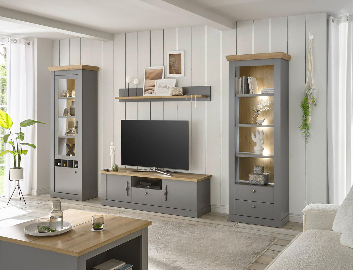 WOHNWAND 4-teilig  in Eichefarben, Hellgrau  317/201/44 cm  - Eichefarben/Silberfarben, Design, Holzwerkstoff/Metall (317/201/44cm) - MID.YOU