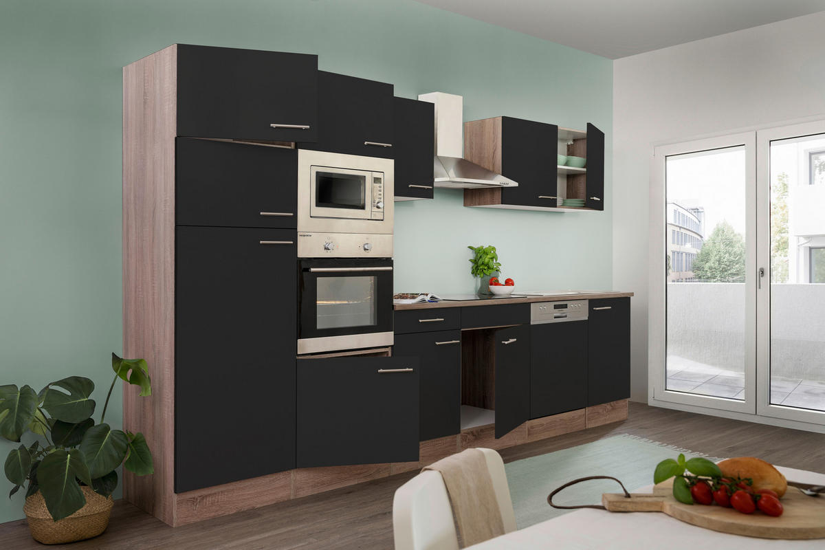 KÜCHENLEERBLOCK 340 cm   in Schwarz  - Edelstahlfarben/Eichefarben, Basics, Holzwerkstoff/Metall (340cm) - Respekta