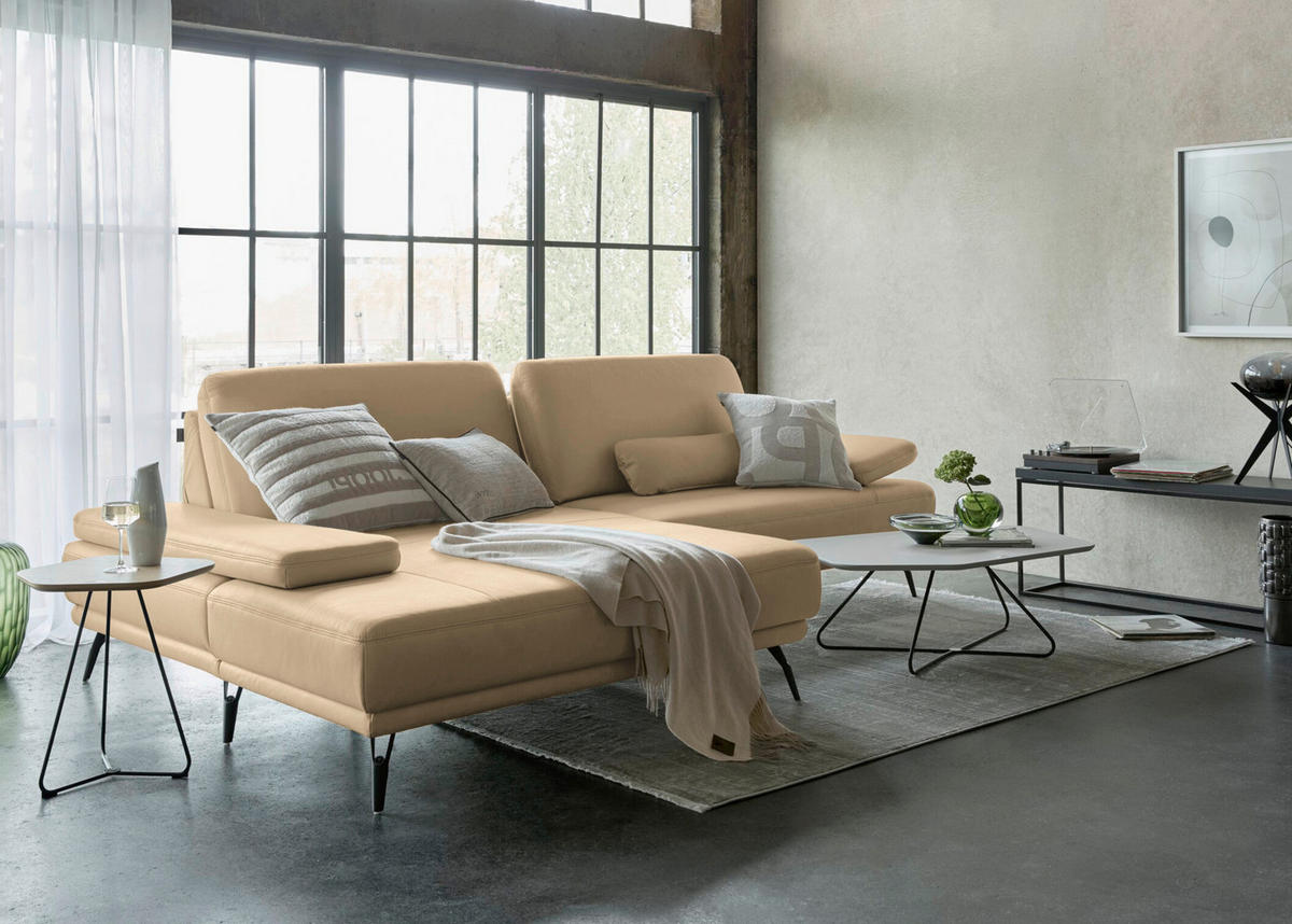 ECKSOFA Echtleder Sandfarben  - Sandfarben/Schwarz, Konventionell, Leder/Metall (180/301cm) - Joop!