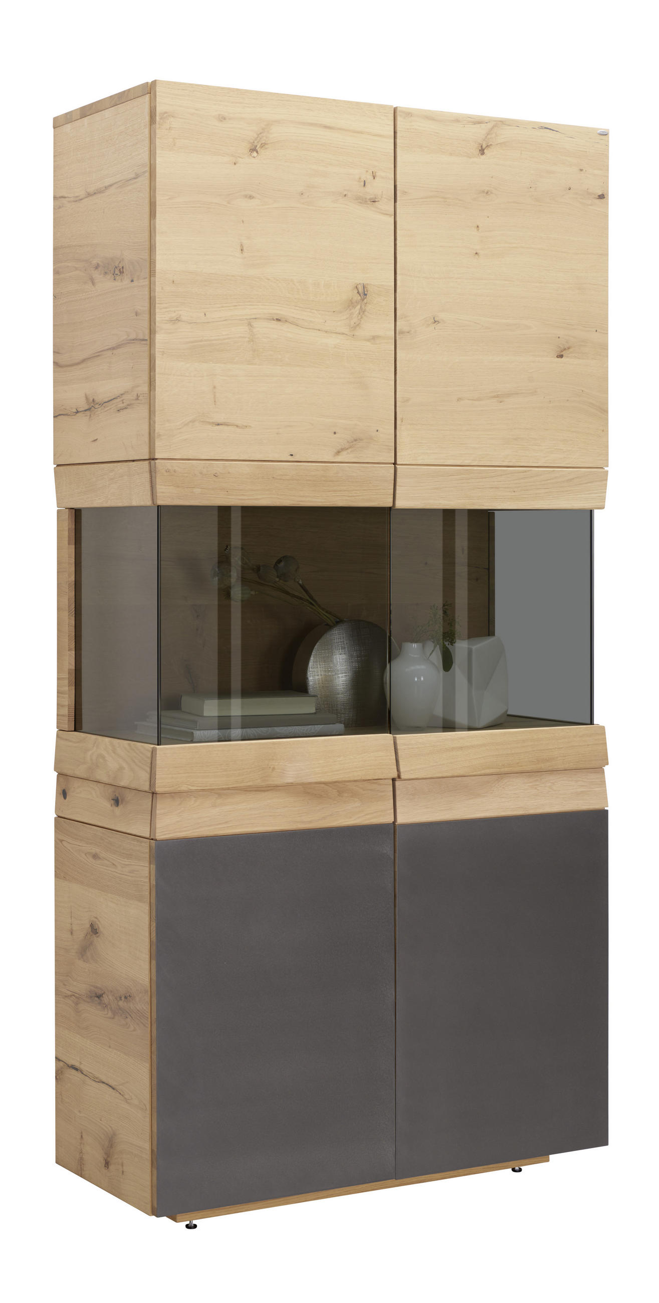 Vitrine in furniert, massiv, mehrschichtige Massivholzplatte (Tischlerplatte) Wildeiche Grau, Eichefarben