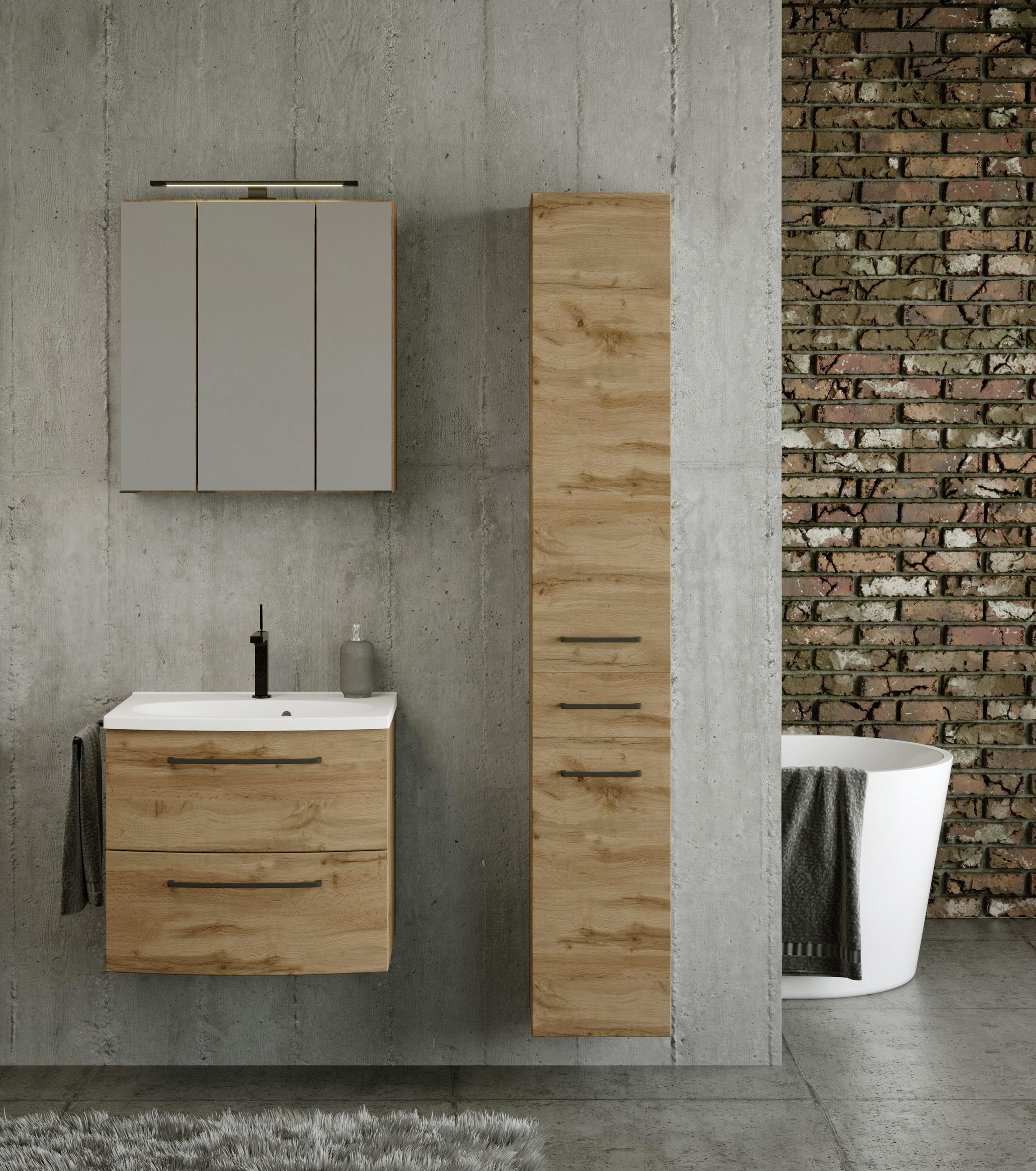 BADEZIMMER Eichefarben - Eichefarben/Weiß, MODERN, Keramik/Holzwerkstoff (90cm) - MID.YOU