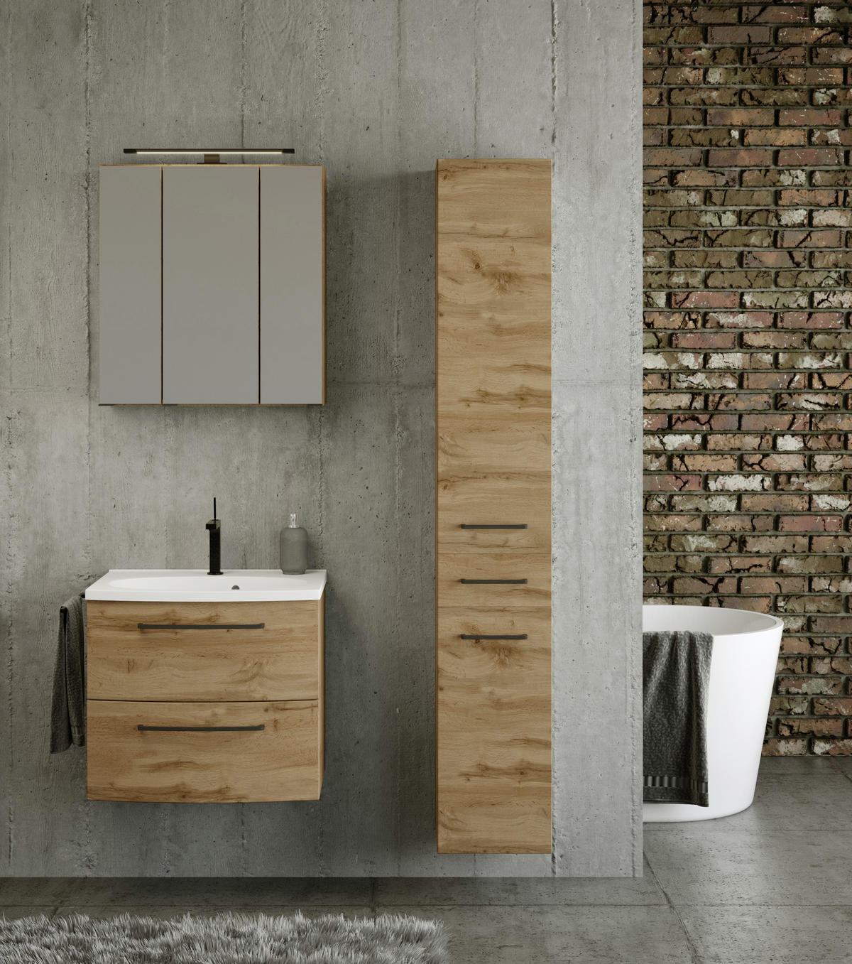 BADEZIMMER  in 90 cm  - Weiss/Eichefarben, Modern, Keramik/Holzwerkstoff (90cm) - Held