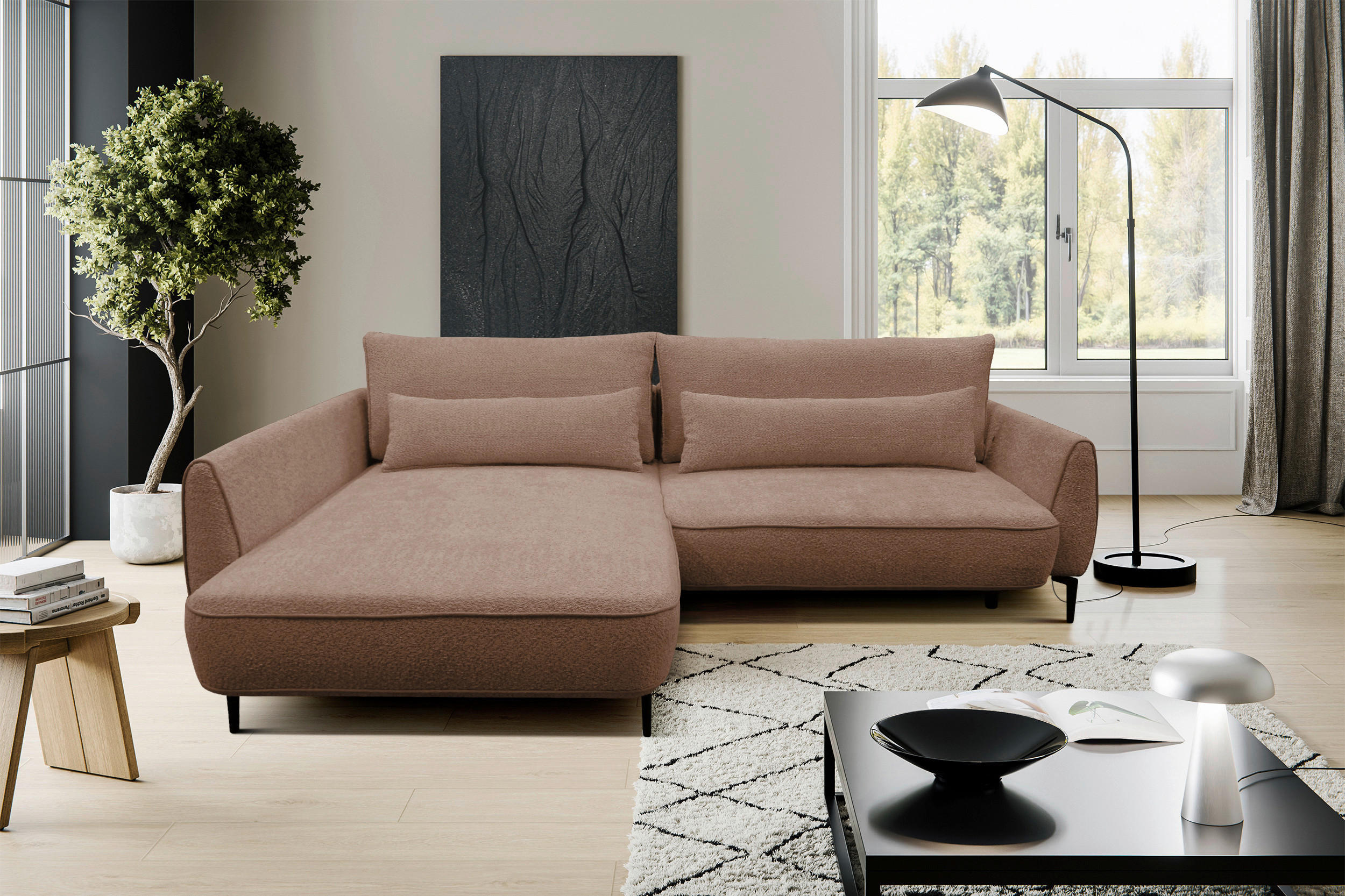 ECKSOFA ABRIAMO Braun Bouclé Bettkasten, Schlaffunktion  - Creme/Schwarz, Design, Textil/Metall (204/273cm) - MID.YOU