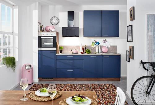 BUCĂTĂRIE STANDARD  - culoare lemn de nuc/albastru închis, Design, material pe bază de lemn (290cm) - Welnova