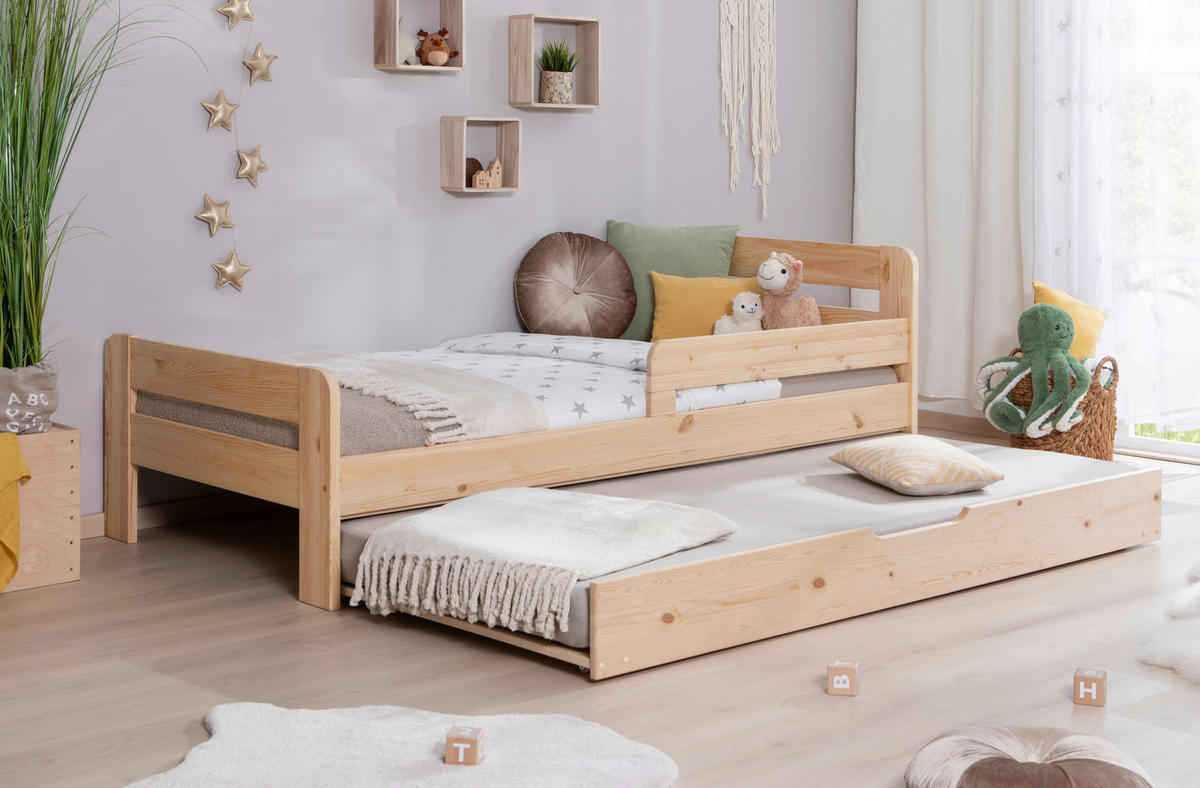 AUSZIEHBETT 100/200 cm,  in Naturfarben, Bettschublade, Absturzsicherung, Rollrost für Zusatzbett, Rollrost für Hauptbett  - Naturfarben, MODERN, Holz (100/200cm) - Livetastic