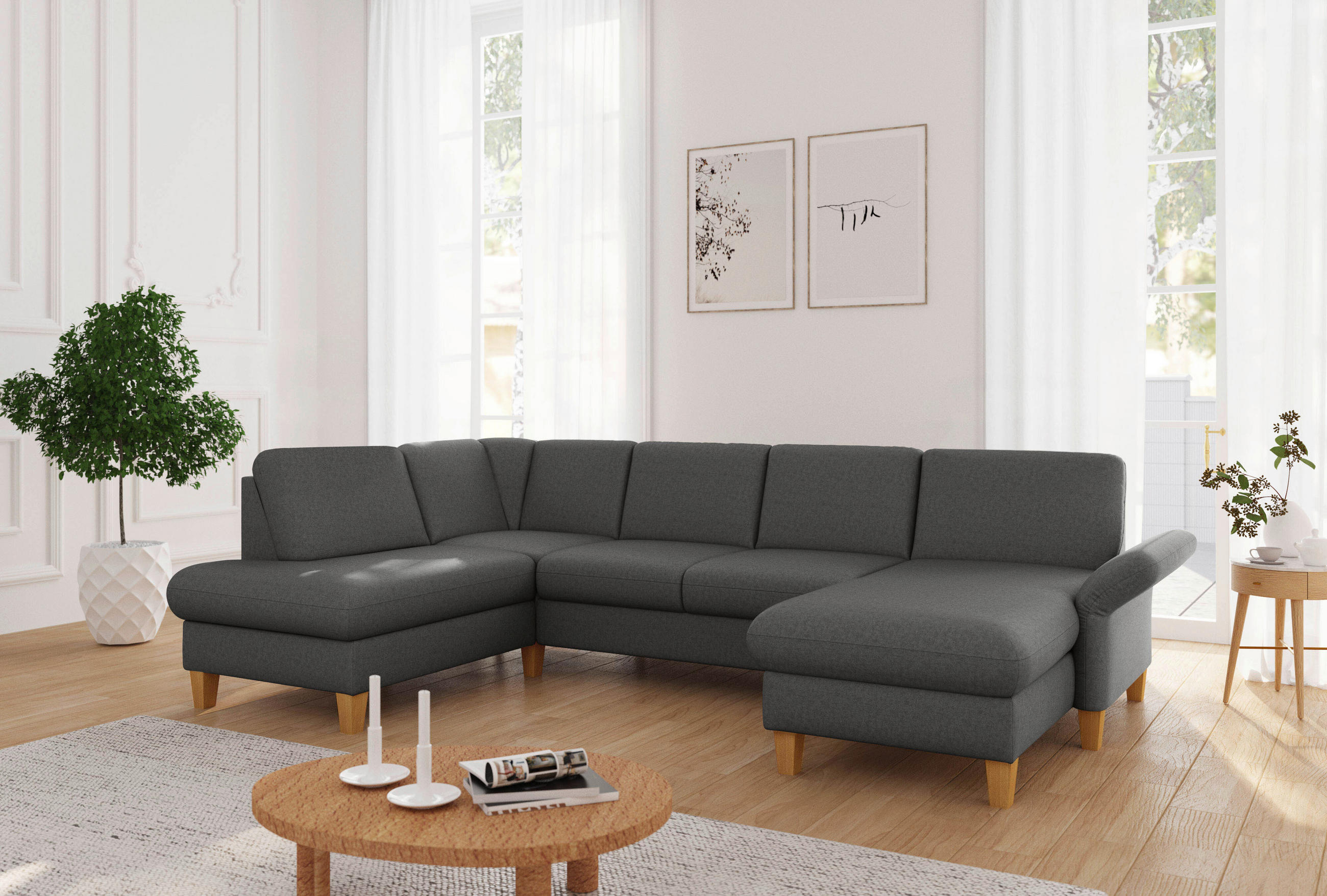 WOHNLANDSCHAFT Dunkelgrau Flachgewebe  - Eichefarben/Dunkelgrau, KONVENTIONELL, Holz/Textil (195/314/164cm) - Sit & More