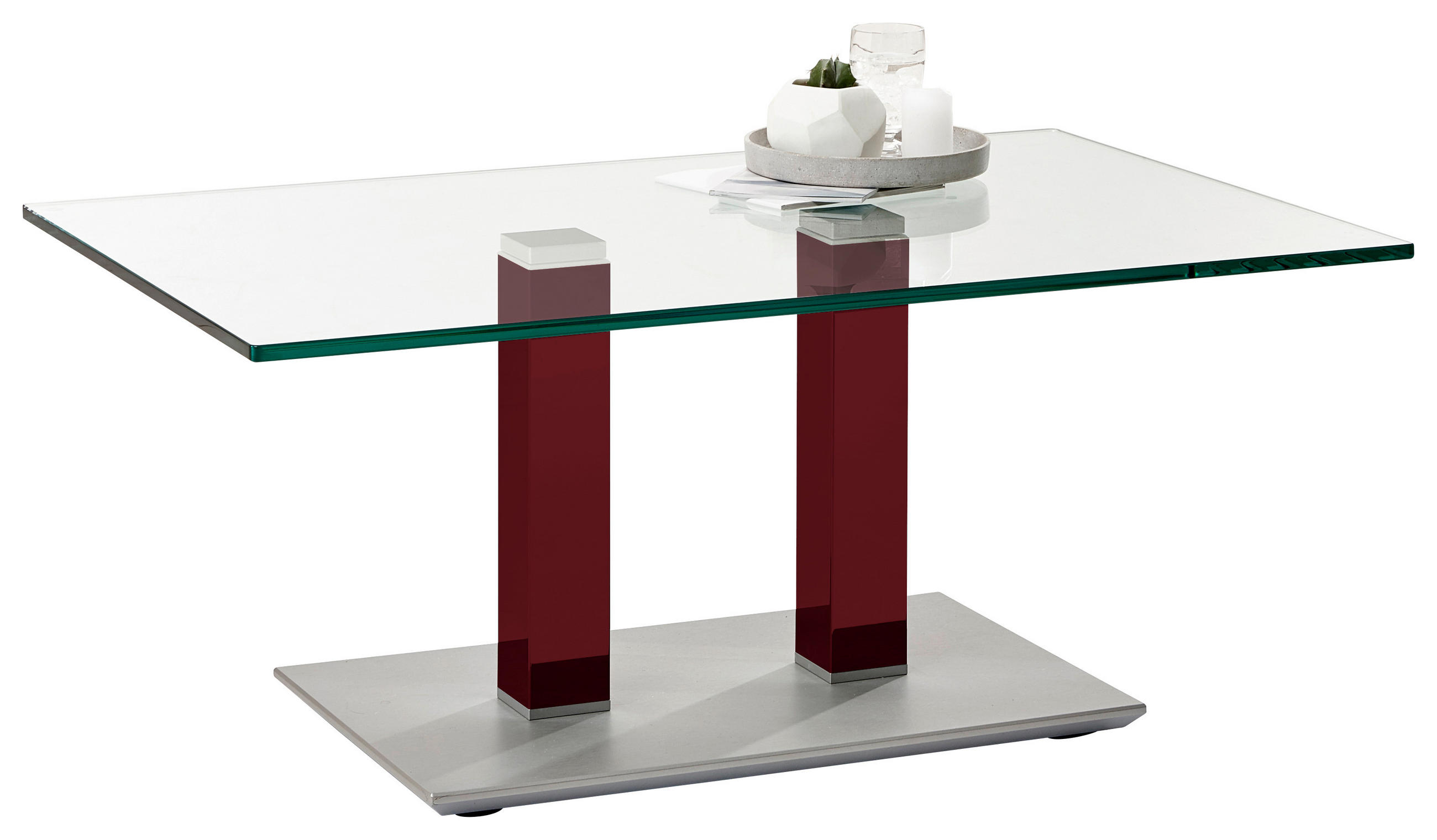 COUCHTISCH Klarglas 110/70/46-65 cm rechteckig Edelstahlfarben, Weinrot  - Edelstahlfarben/Weinrot, Design, Glas/Kunststoff (110/70/46-65cm)