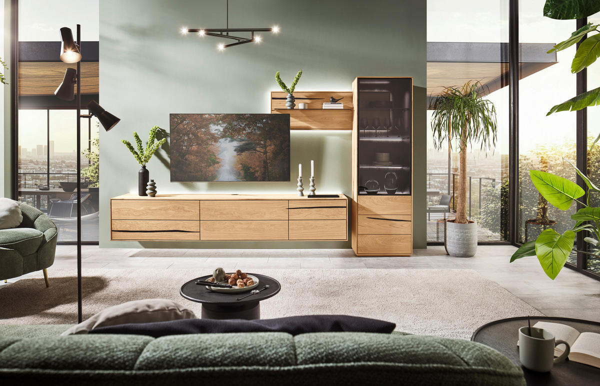 WOHNWAND 3-teilig  in Schwarz, Eichefarben  320/192/50 cm  - Eichefarben/Schwarz, Natur, Glas/Holz (320/192/50cm) - Waldwelt