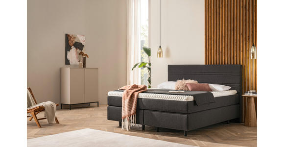 BOXSPRINGBETT 180/200 cm,  in Dunkelgrau, Matratze, Kissen, gepolstertes Kopfteil, Topper, H2 + H3 = mittel + fest  - Dunkelgrau/Schwarz, KONVENTIONELL, Holz/Textil (180/200cm) - Novel