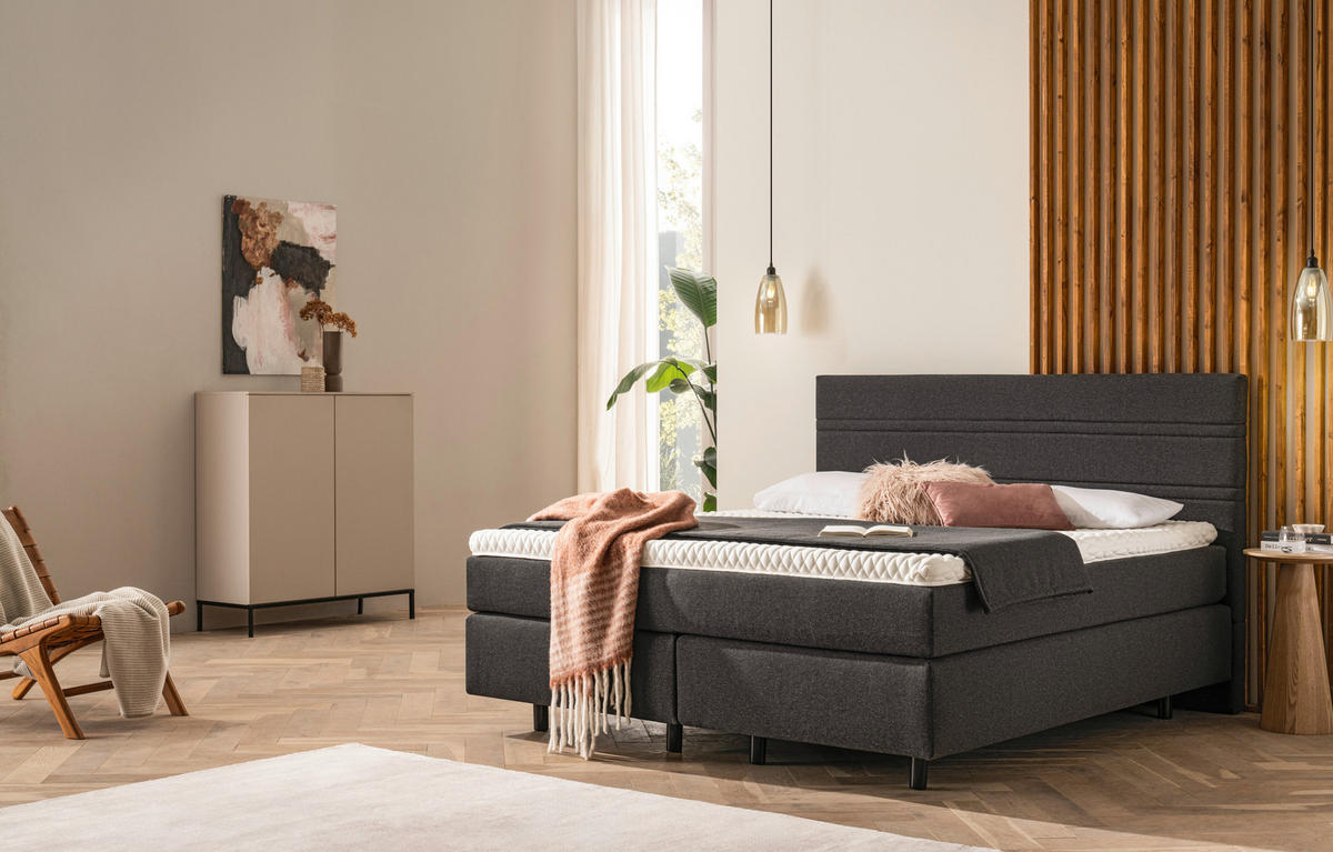 BOXSPRINGBETT 180/200 cm,  in Dunkelgrau, Matratze, Kissen, gepolstertes Kopfteil, Topper, unterschiedliche Matratzenhärtegrade je Bettseite, H2 + H3 = mittel + fest  - Dunkelgrau/Schwarz, KONVENTIONELL, Holz/Textil (180/200cm) - Novel