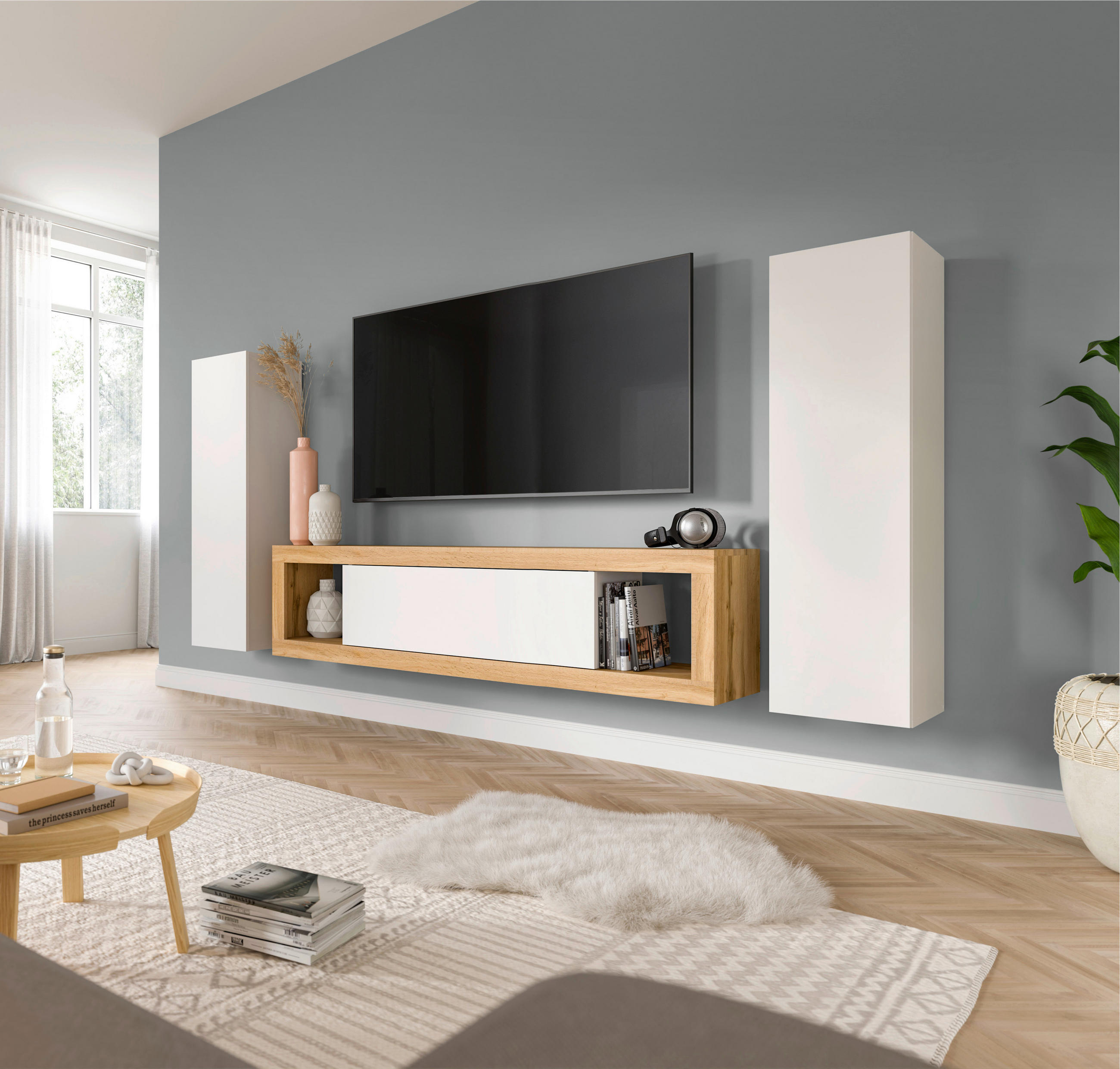 HYLLKOMBINATION 3 delar  i ek Wotan, vit  270/135/30 cm  - vit/ek Wotan, Design, trämaterial (270/135/30cm) - MID.YOU