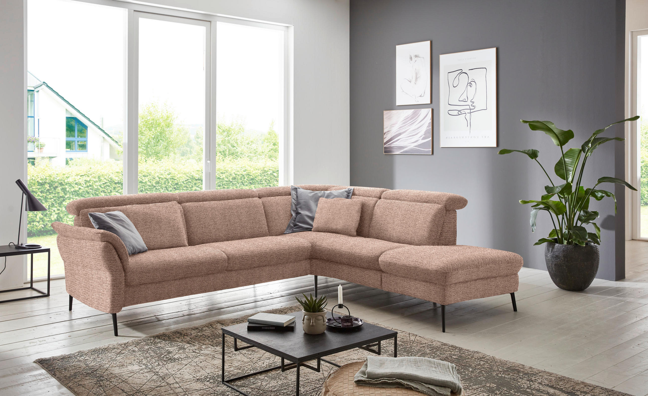 ECKSOFA in Struktur Kupferfarben  - Schwarz/Kupferfarben, Modern, Textil/Metall (275/235cm) - Cantus