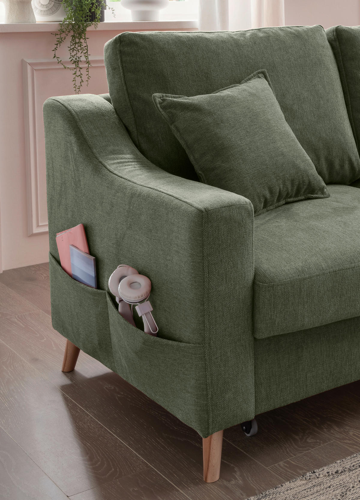 ECKSOFA in Chenille Dunkelgrün  - Dunkelgrün/Naturfarben, MODERN, Holz/Textil (228/150cm) - Livetastic