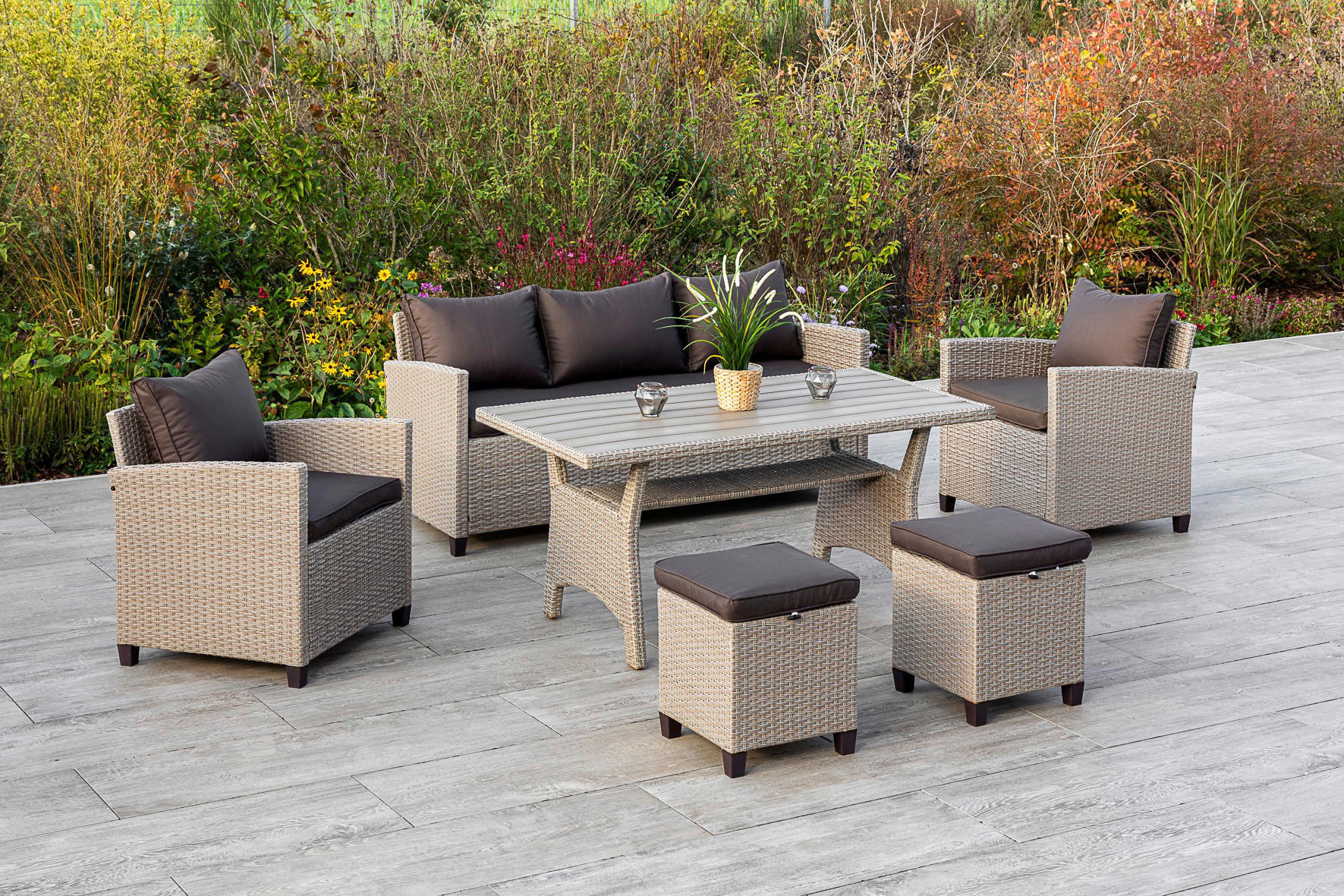 LOUNGEGARNITUR Stahl  - Dunkelbraun/Naturfarben, KONVENTIONELL, Kunststoff/Textil (172/75/65cm) - Gardenson