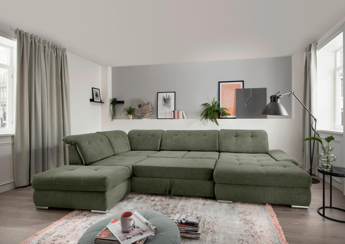WOHNLANDSCHAFT in Chenille Dunkelgrün  - Chromfarben/Dunkelgrün, Design, Textil/Metall (254/376/195cm) - Livetastic