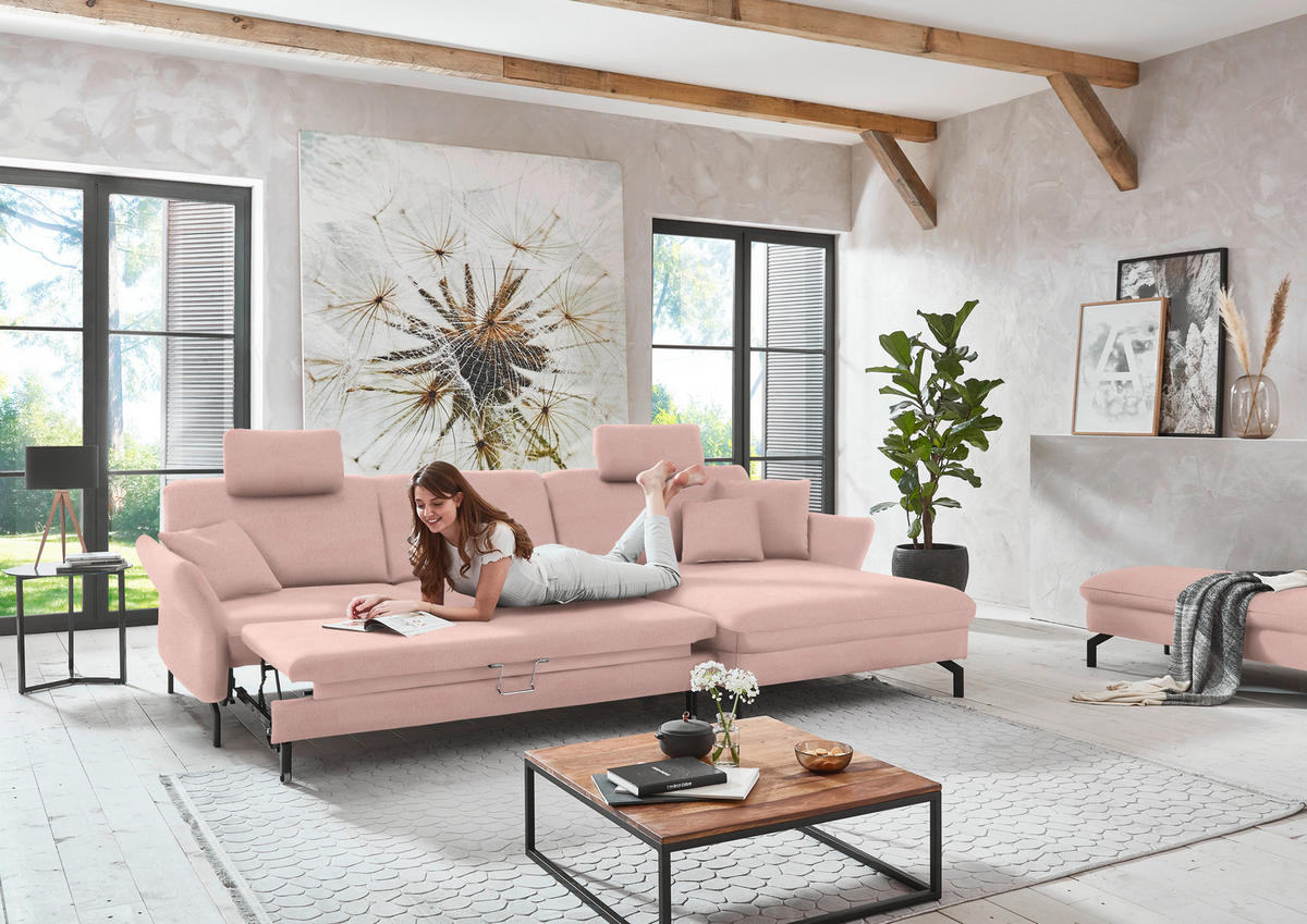 ECKSOFA in Velours Rosa  - Schwarz/Rosa, Design, Textil/Metall (306/179cm) - Beldomo System