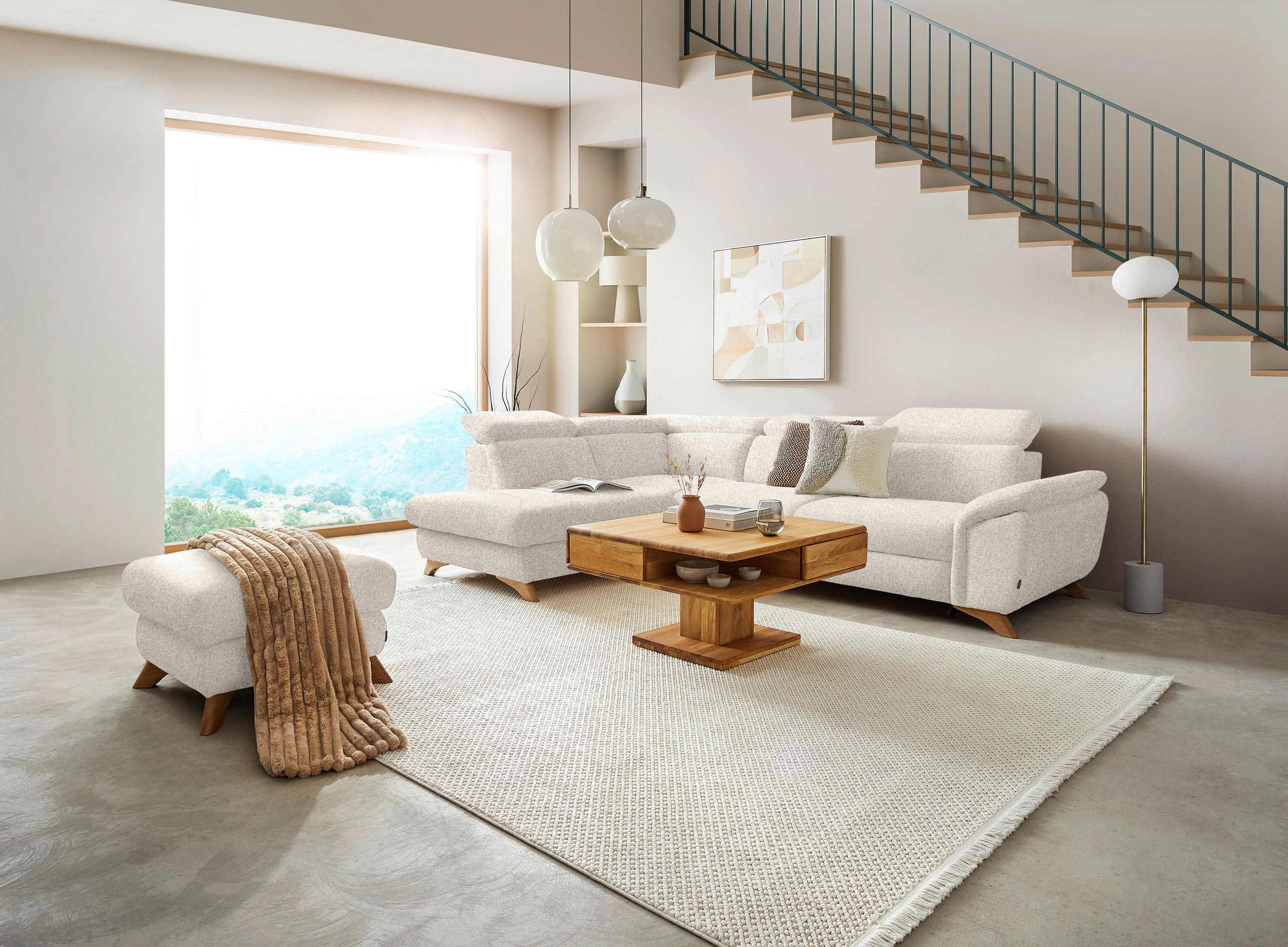 ECKSOFA in Bouclé Creme  - Eichefarben/Creme, Modern, Holz/Textil (212/287cm) - Valnatura