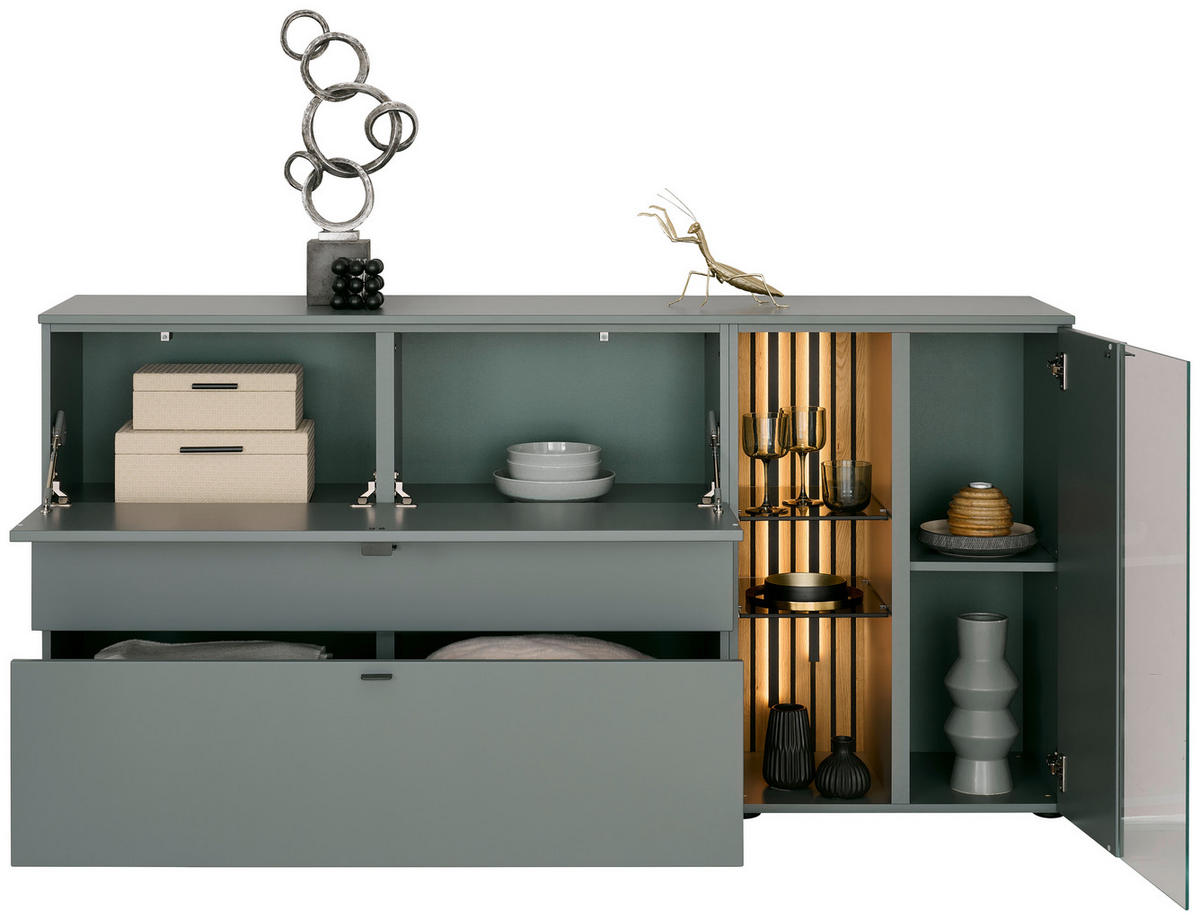 SIDEBOARD Grün, Eichefarben  180/89/43 cm  - Eichefarben/Anthrazit, Design, Glas/Holz (180/89/43cm) - Venjakob