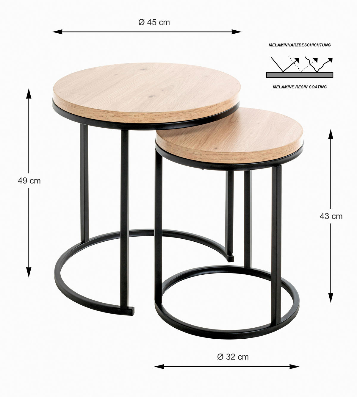 BEISTELLTISCHSET in Metall, Holzwerkstoff 32-45/32-45/43-49 cm  - Eichefarben/Schwarz, Trend, Holzwerkstoff/Metall (32-45/32-45/43-49cm)