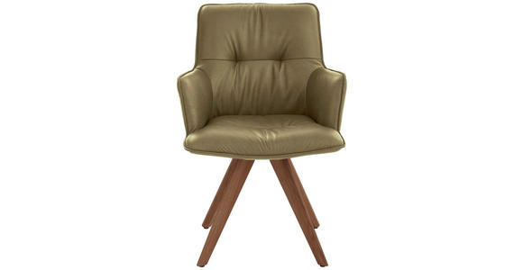 ARMLEHNSTUHL drehbar  inklusive Armlehnen, Gestellauswahl, Sitzfläche 180° drehbar, automatische Rückholfunktion  Echtleder  - Nussbaumfarben/Olivgrün, Design, Leder/Holz (59/89/63cm) - Dieter Knoll
