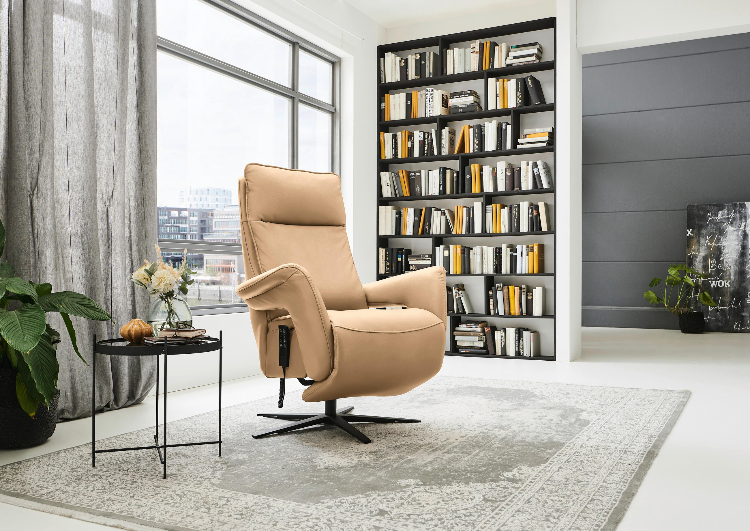RELAXSESSEL in Leder Honig  - Schwarz/Honig, Design, Leder/Metall (83/116/87cm) - Valdera