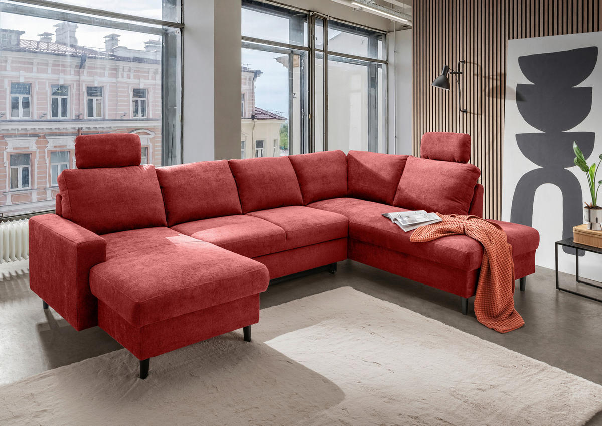 WOHNLANDSCHAFT Chenille Rot  - Rot/Schwarz, Modern, Holz/Textil (153/305/200cm) - Livetastic