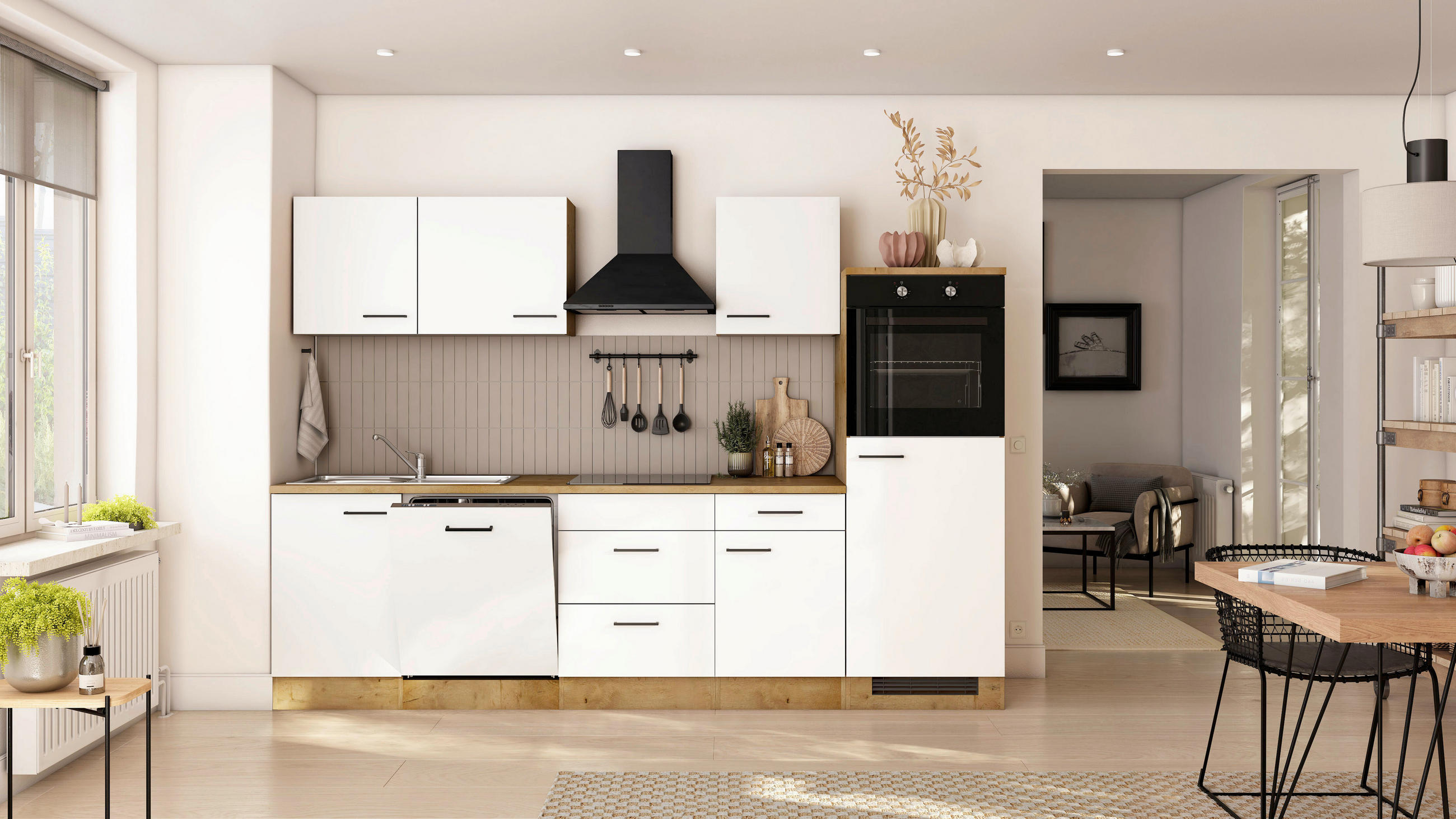 KÜCHENBLOCK 280 cm  in Eichefarben, Magnolie  - Eichefarben/Magnolie, Trend, Holzwerkstoff/Metall (280cm) - FlexWell
