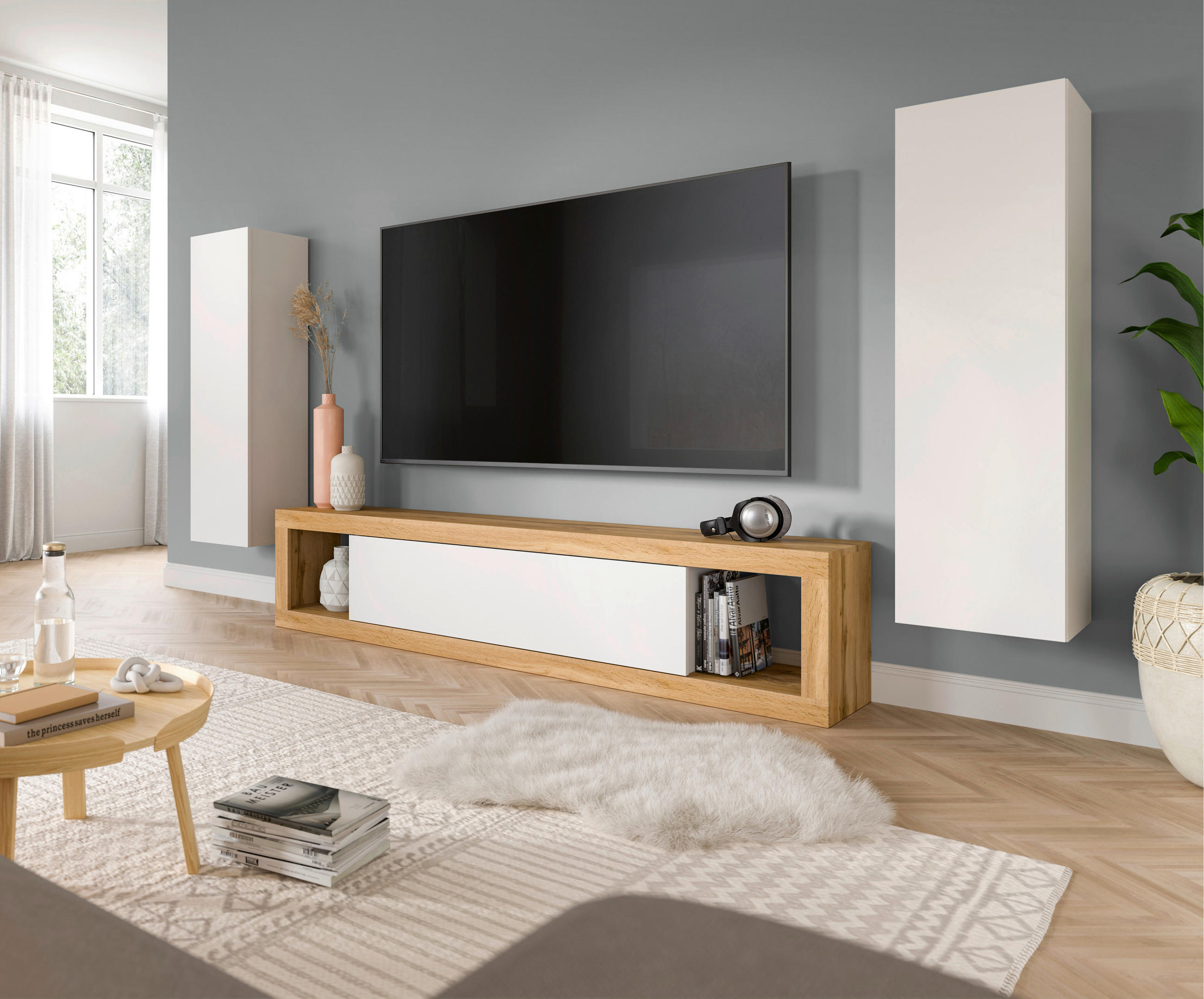 HYLLKOMBINATION 3 delar  i ek Wotan, vit  270/135/30 cm  - vit/ek Wotan, Design, trämaterial/plast (270/135/30cm) - MID.YOU