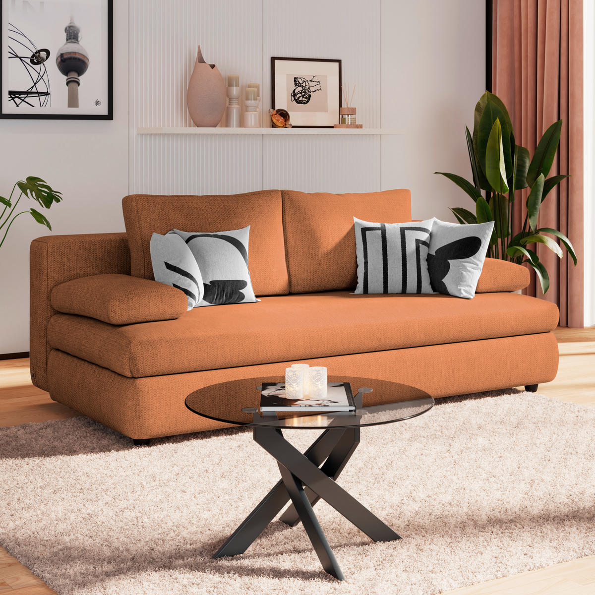 Canapea Extensibila, lemn, plastic, textil, teracotă - teracotă, Trend, plastic/lemn (205/72/100cm)