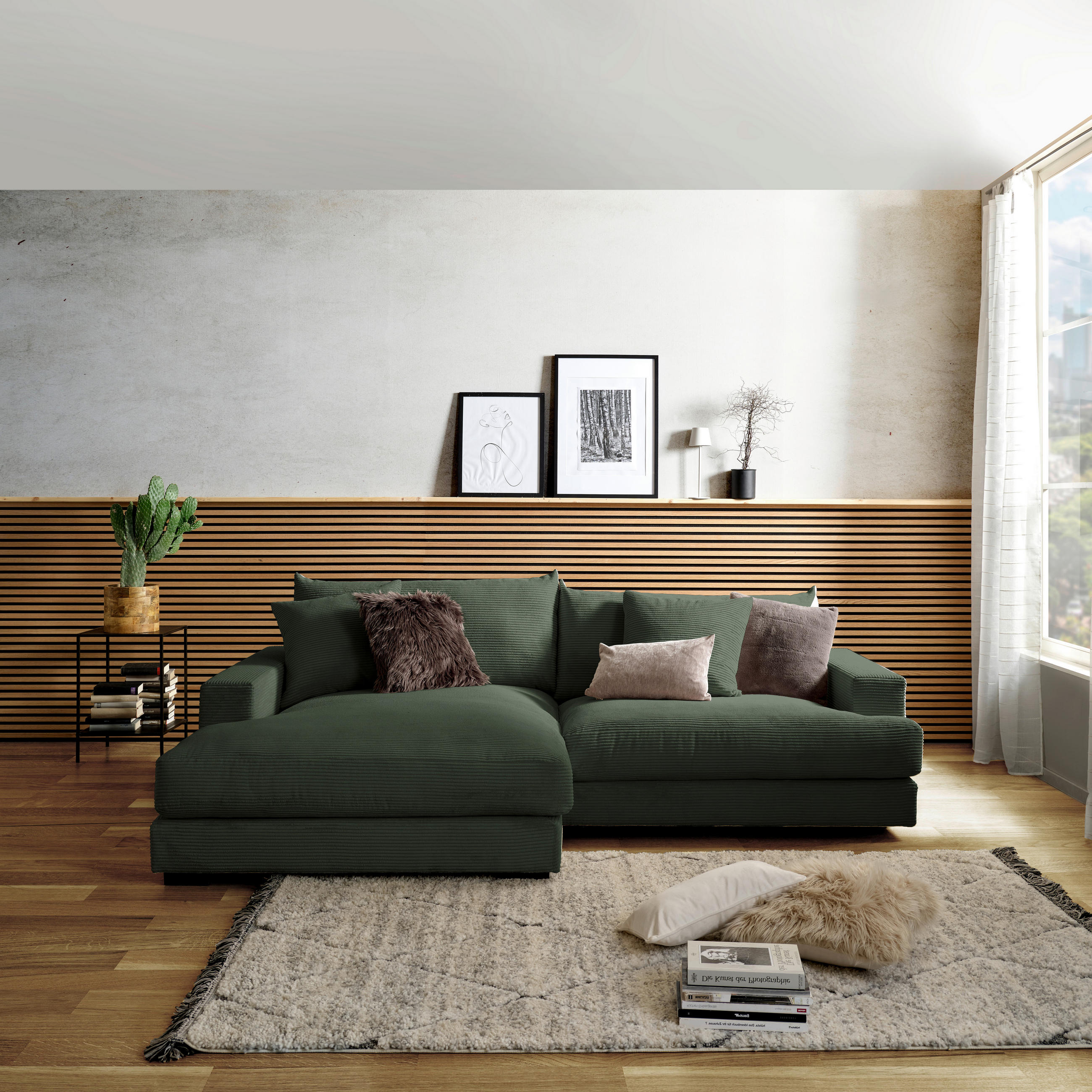 ECKSOFA Dunkelgrün Cord  - Dunkelgrün/Schwarz, MODERN, Textil (180/265cm) - P & B