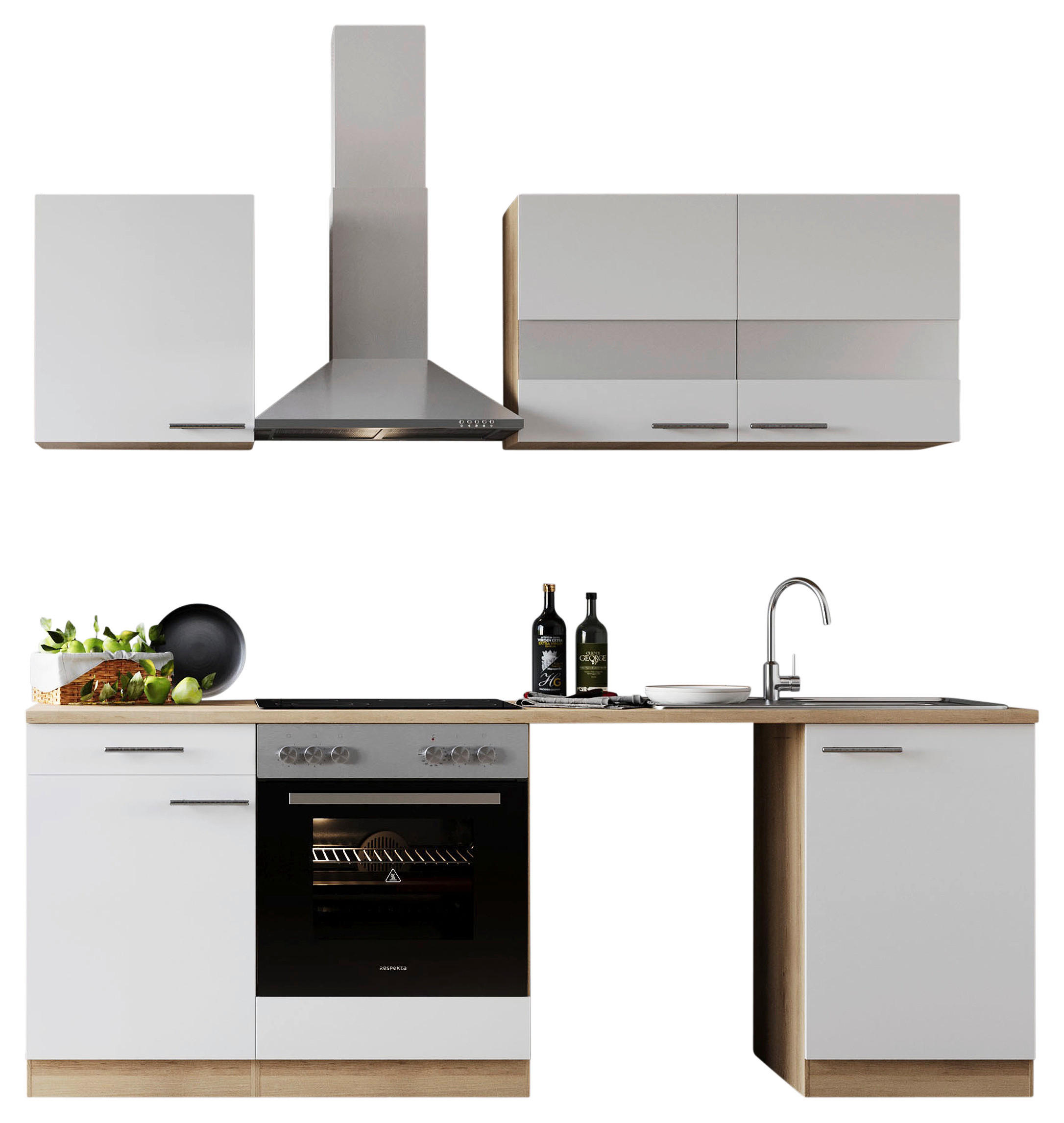 KÜCHENBLOCK 220 cm in Weiß - Edelstahlfarben/Eichefarben, Basics, Glas/Holzwerkstoff (220cm) - Respekta