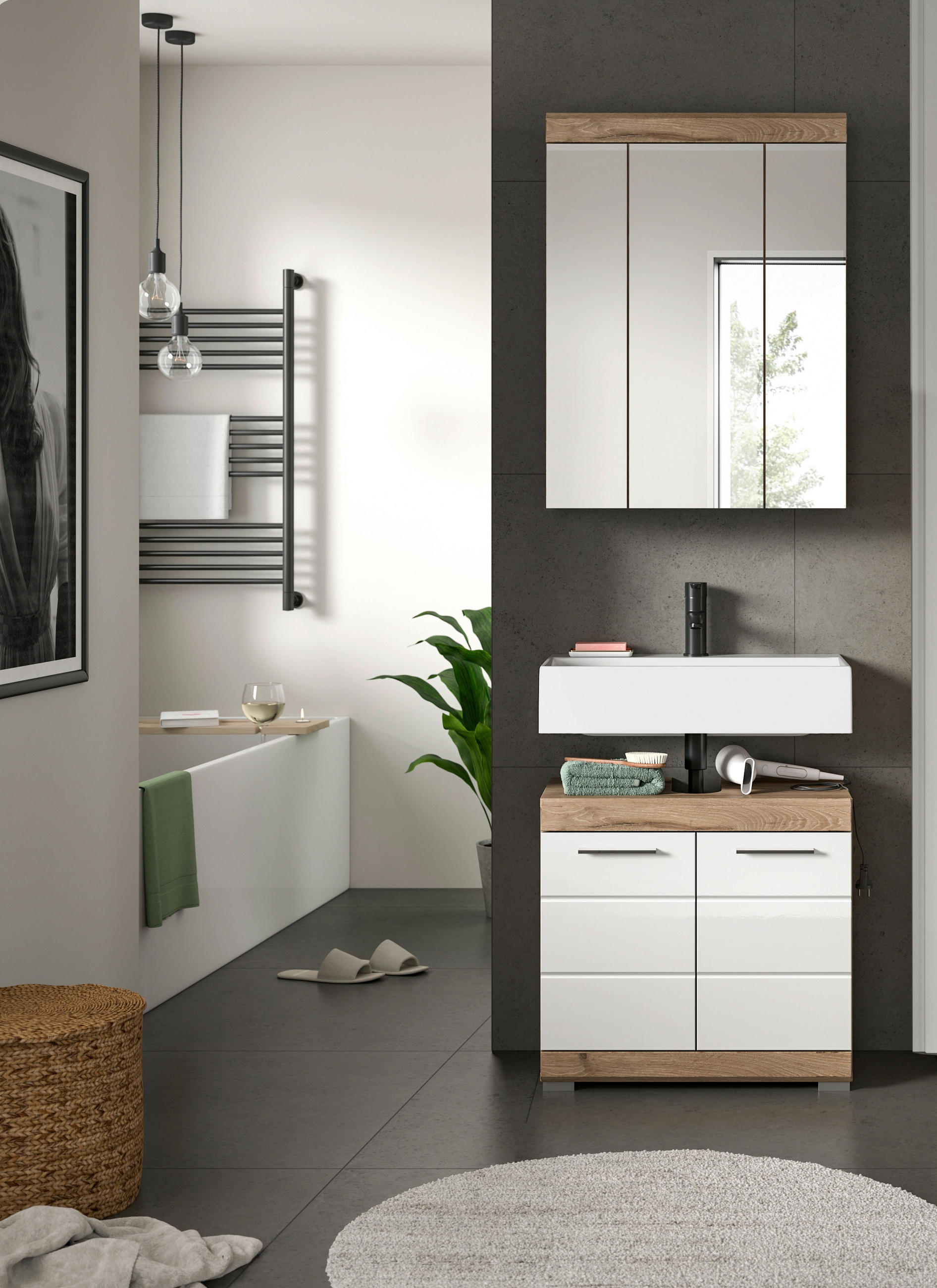 BADEZIMMER 2-teilig  in 60 cm  - Chromfarben/Eichefarben, MODERN, Glas/Holzwerkstoff (60cm) - MID.YOU