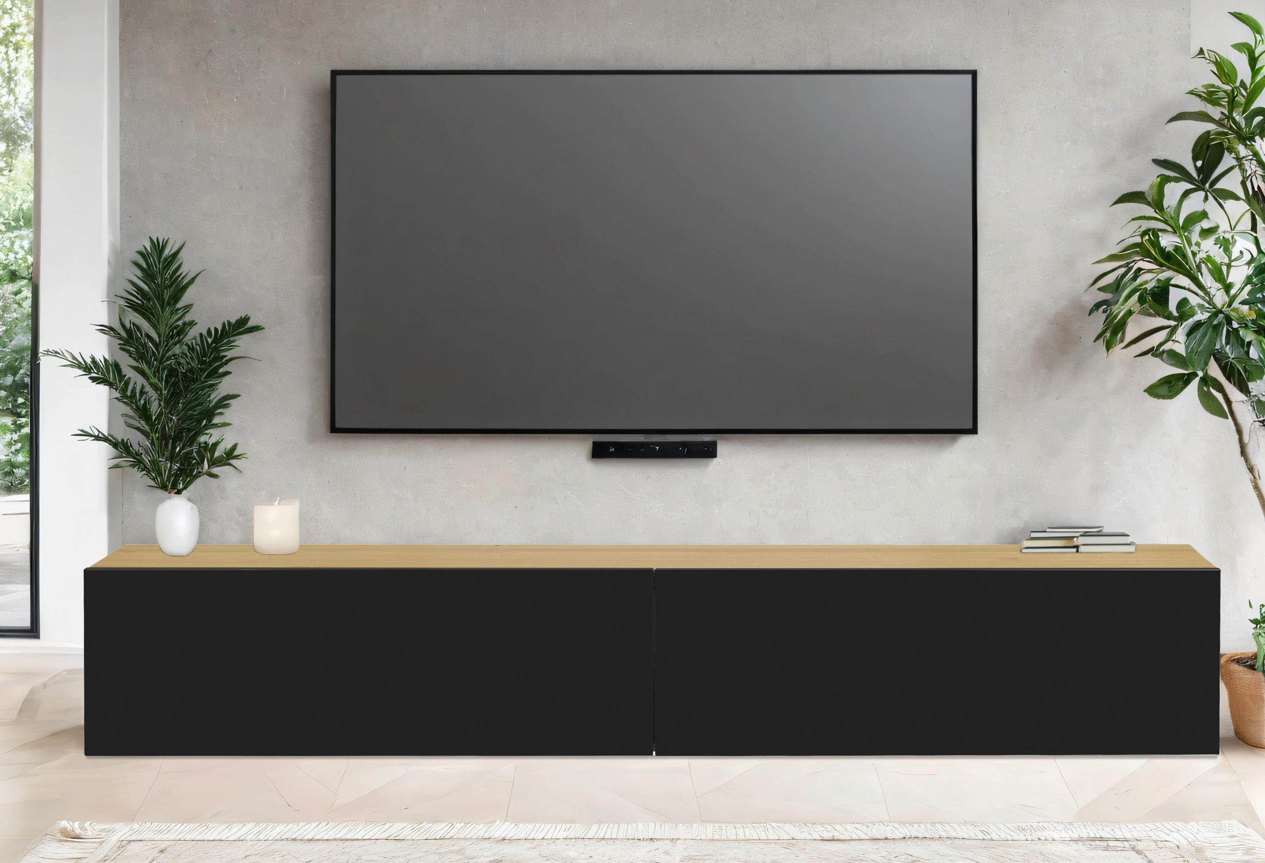 COMODĂ JOASĂ  - culoare natur/negru lucios intens, Design, lemn/material pe bază de lemn (180/33/30cm) - MID.YOU