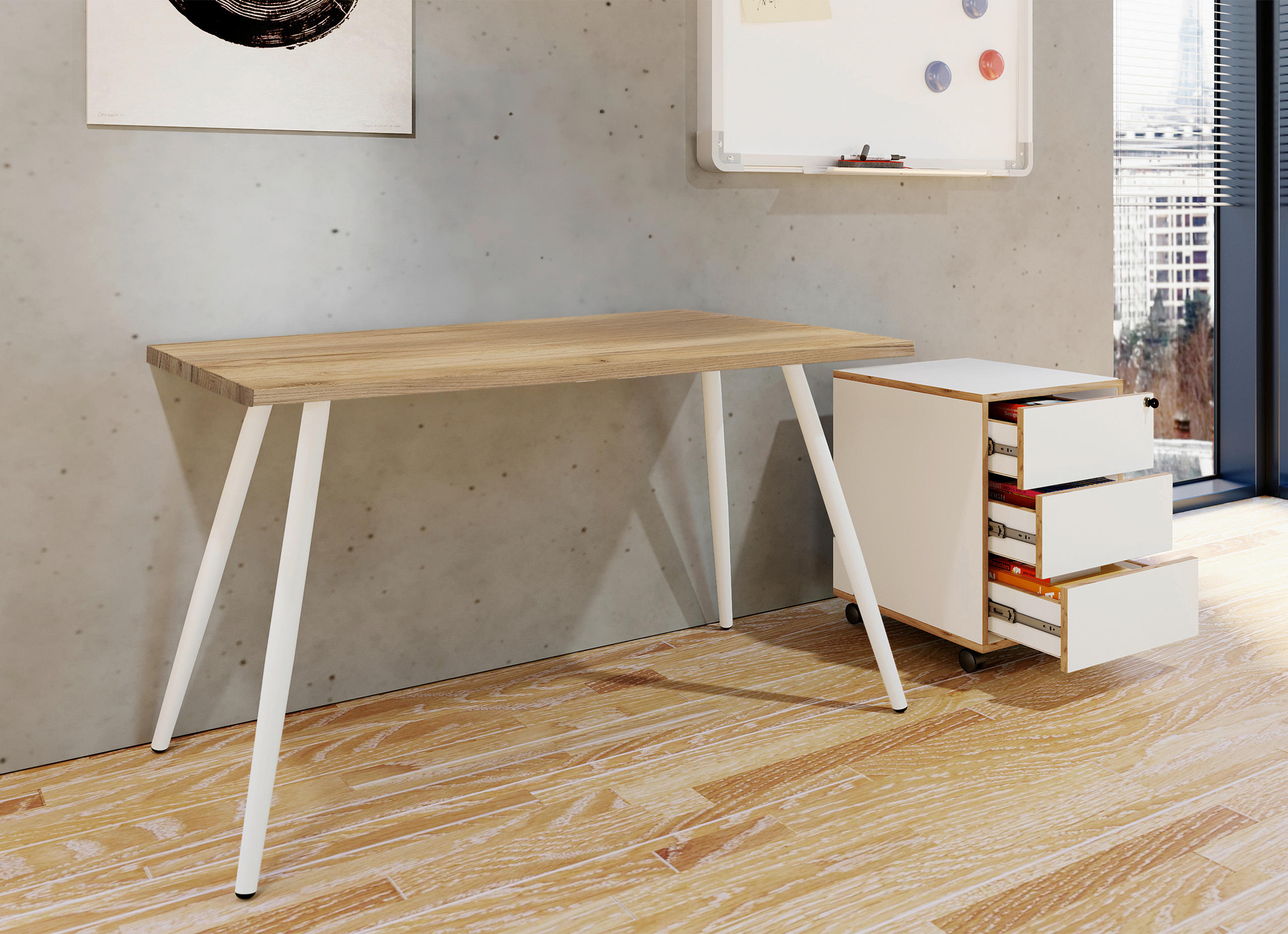 SCHREIBTISCH 110/50/70 cm  in Weiss, Honigeiche  - Honigeiche/Weiss, Modern, Holzwerkstoff/Metall (110/50/70cm) - MID.YOU