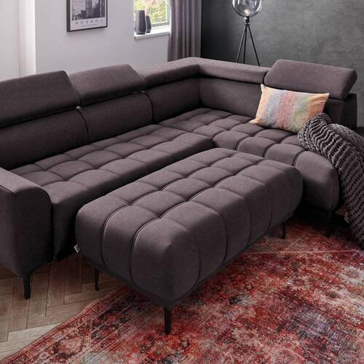 ECKSOFA in Velours Dunkelbraun  - Dunkelbraun/Schwarz, Design, Textil/Metall (261/191cm) - Stylife