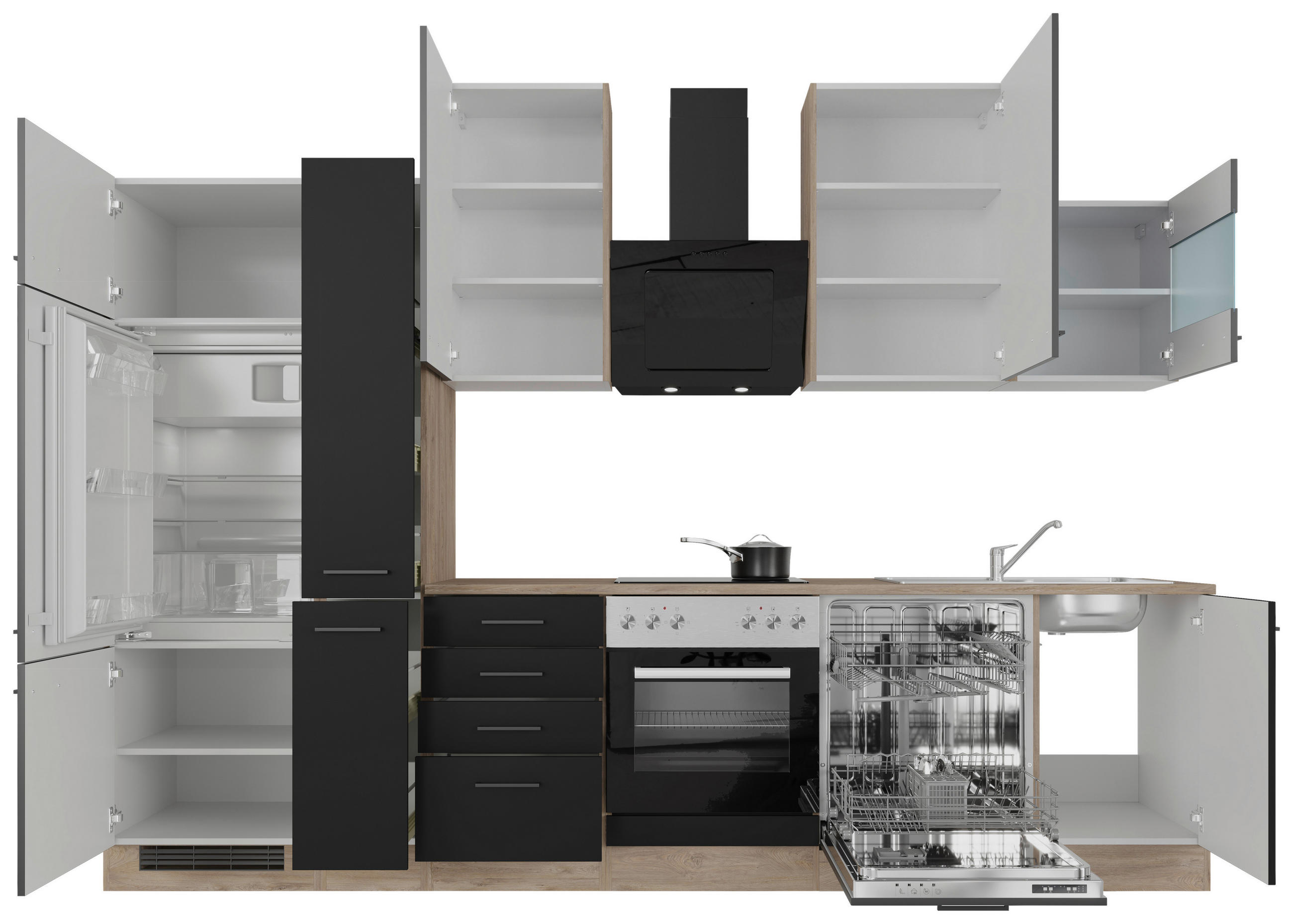 KÜCHENBLOCK 310 cm   in Schwarz, Eichefarben  - Eichefarben/Schwarz, MODERN, Holzwerkstoff/Metall (310cm) - FlexWell
