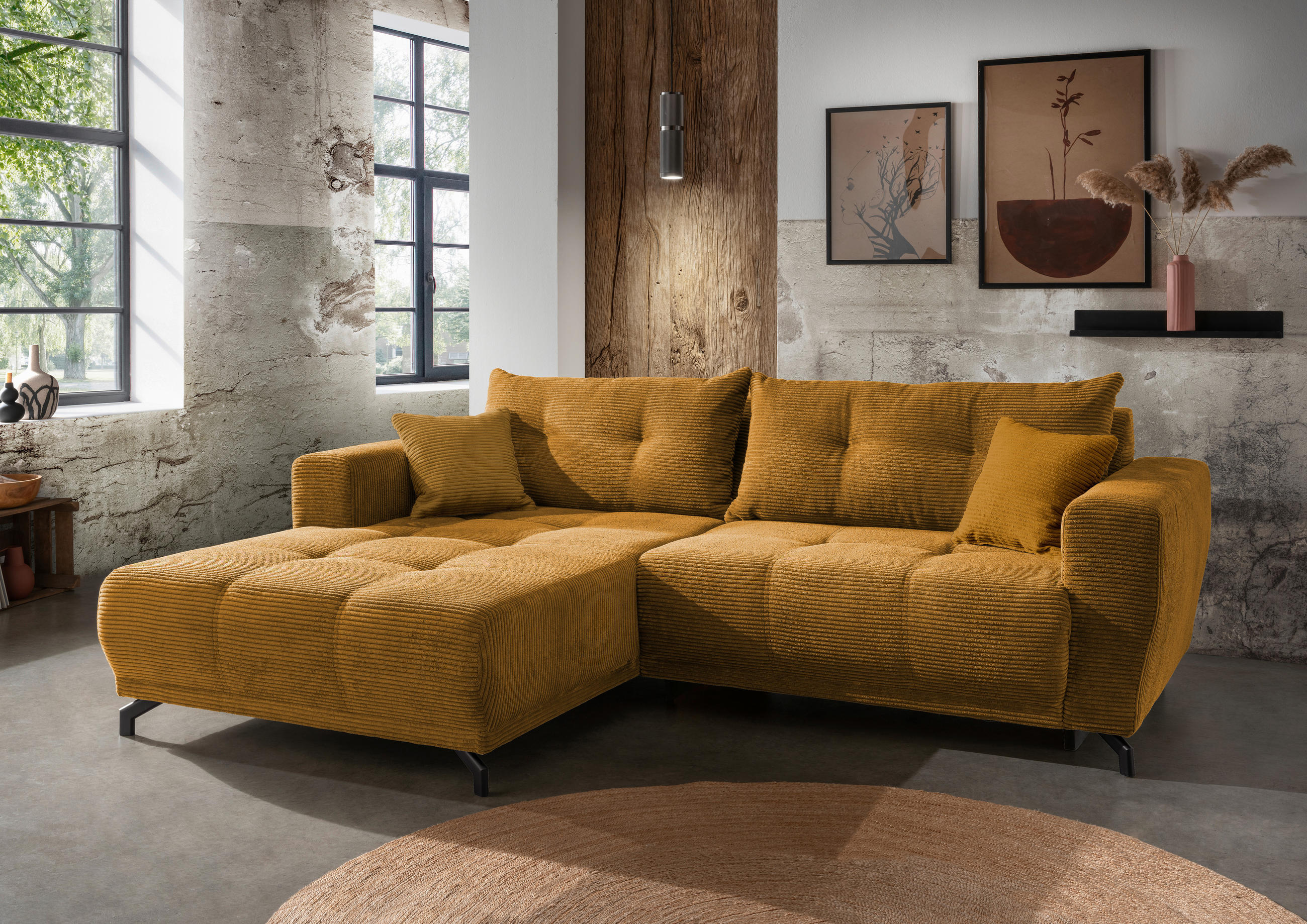 ECKSOFA in Cord Goldfarben  - Goldfarben/Schwarz, Modern, Holz/Textil (177/246cm) - MID.YOU
