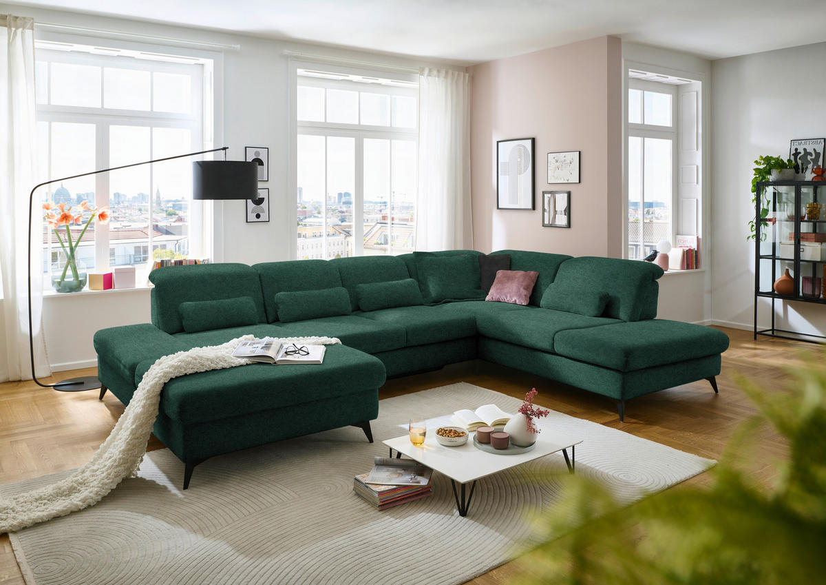 WOHNLANDSCHAFT  in Chenille Waldgrün  - Waldgrün/Schwarz, Design, Textil/Metall (198/364/255cm) - Beldomo Style