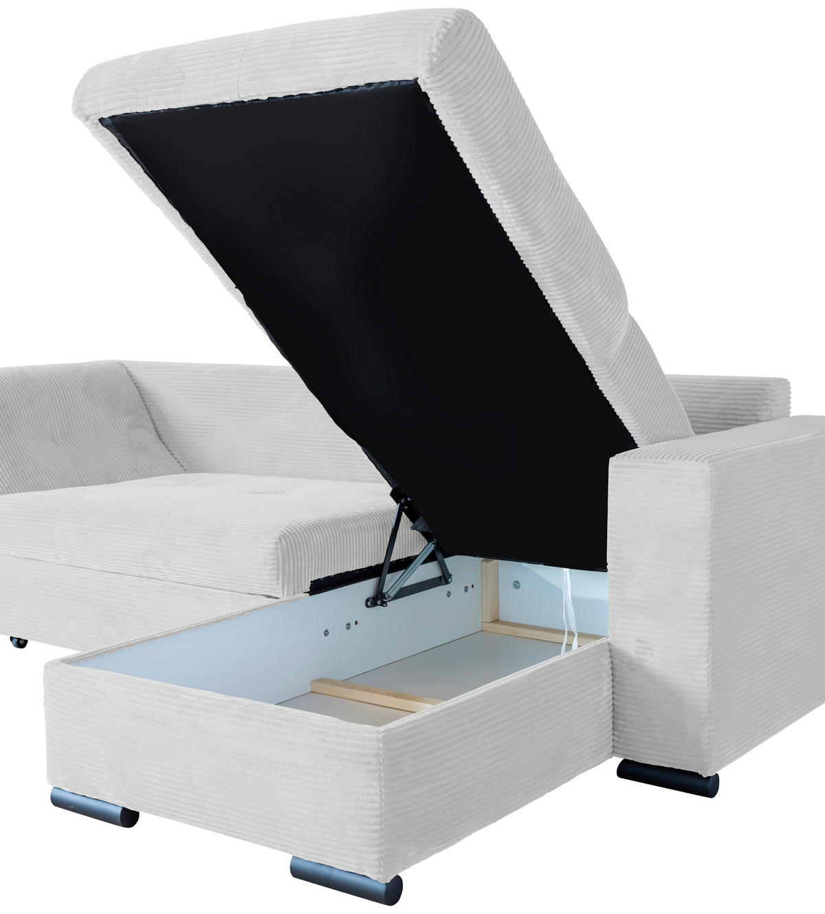 ECKSOFA Perlmutt Cord Zierkissen, Rückenkissen, Bettkasten, Schlaffunktion, Rücken echt, Liegefläche im Originalstoff  - Perlmutt/Schwarz, KONVENTIONELL, Textil/Metall (258/168cm) - Carryhome