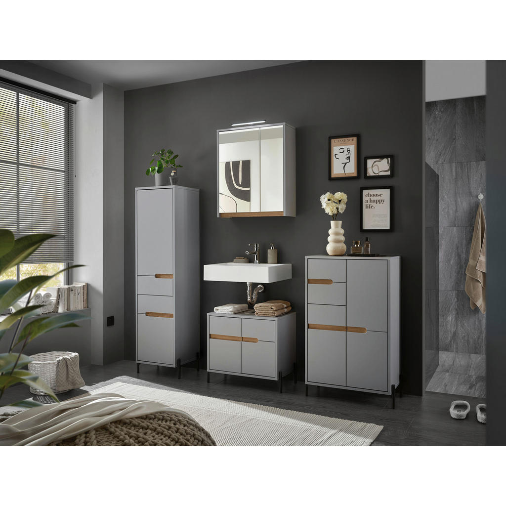Thumbnail - Mid.you Hochschrank, Eiche, Hellgrau, Holzwerkstoff, 3 Fächer, 1 Schubladen, 40x155x35 cm, stehend, Badezimmer, Badezimm...