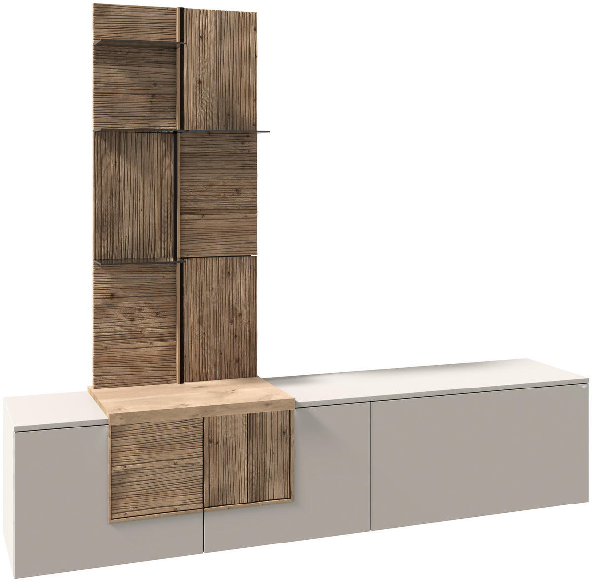 WOHNWAND  in Taupe, Wildeiche  224/198/45 cm  - Taupe/Wildeiche, Design, Glas/Holz (224/198/45cm) - Voglauer