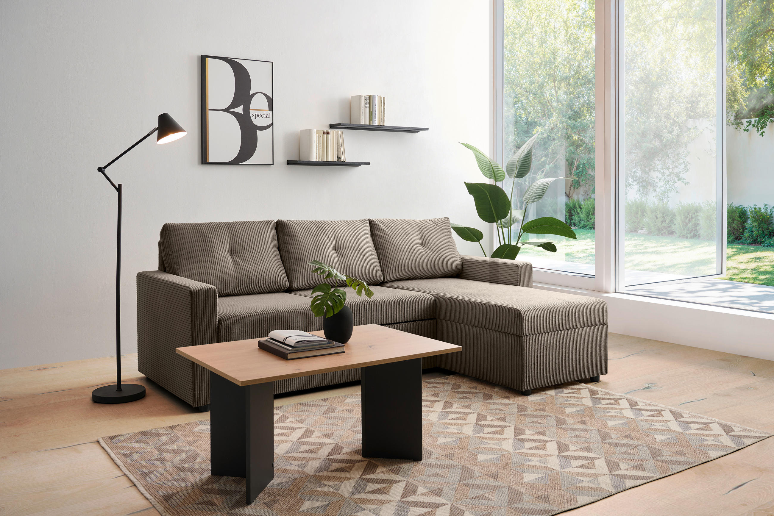ECKSOFA Taupe Cord  - Taupe/Schwarz, KONVENTIONELL, Kunststoff/Textil (218/155cm) - Ti'me