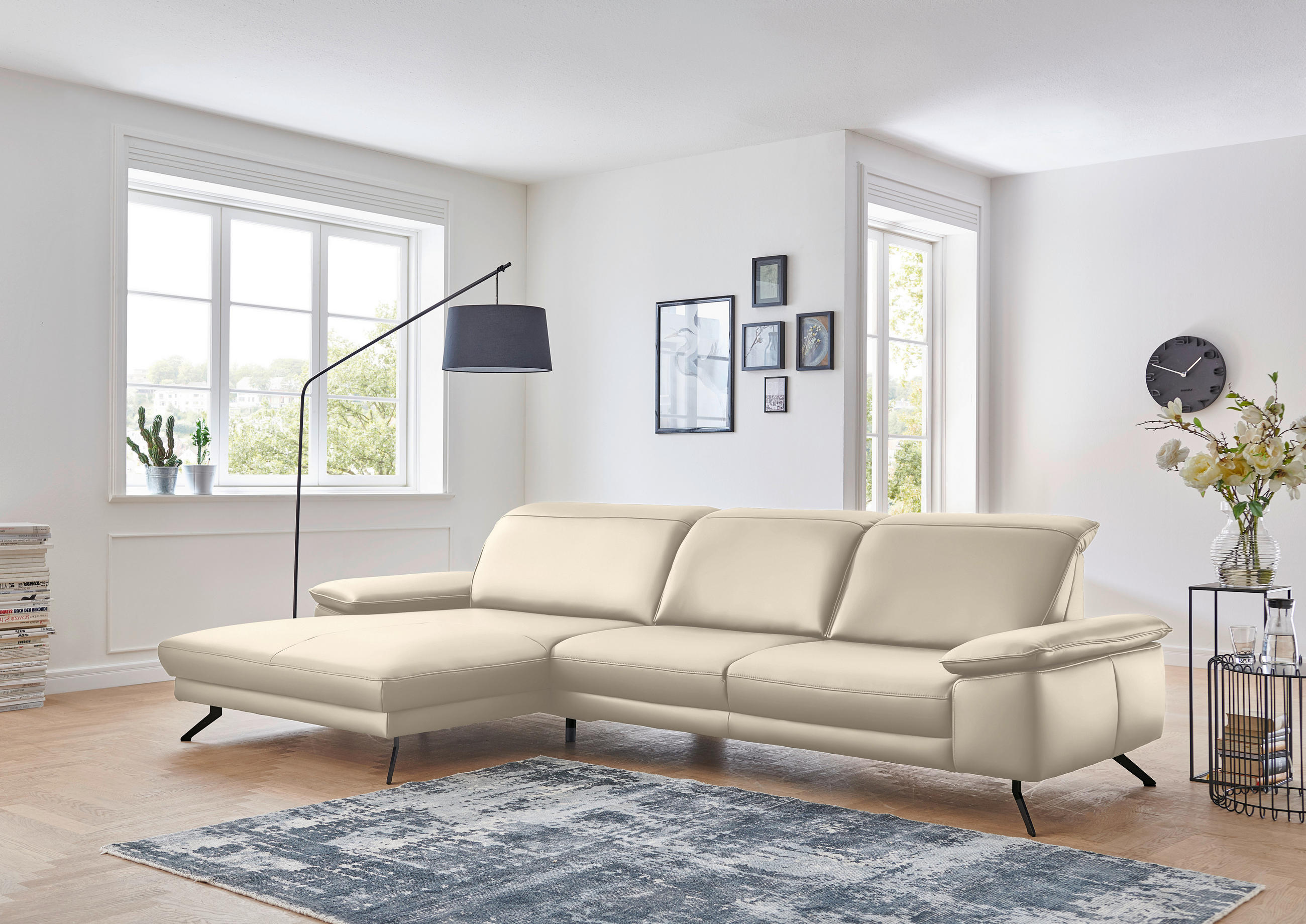 ECKSOFA in Echtleder Creme  - Creme/Schwarz, Design, Leder/Metall (193/328cm) - Dieter Knoll