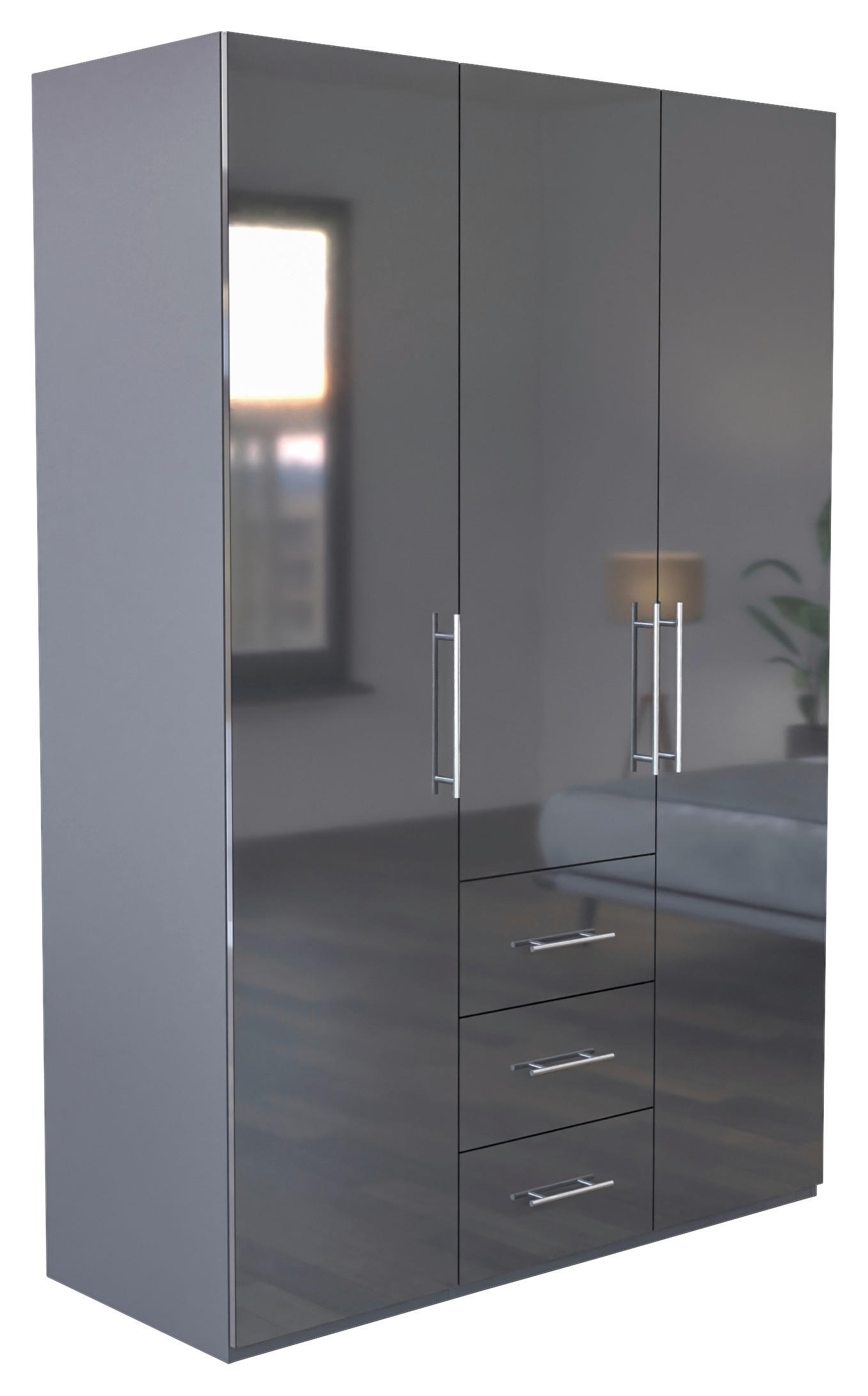 KLEIDERSCHRANK 147/219/59 cm 3-türig Anthrazit, Anthrazit Hochglanz  - Anthrazit/Anthrazit Hochglanz, KONVENTIONELL, Holzwerkstoff/Metall (147/219/59cm) - Carryhome