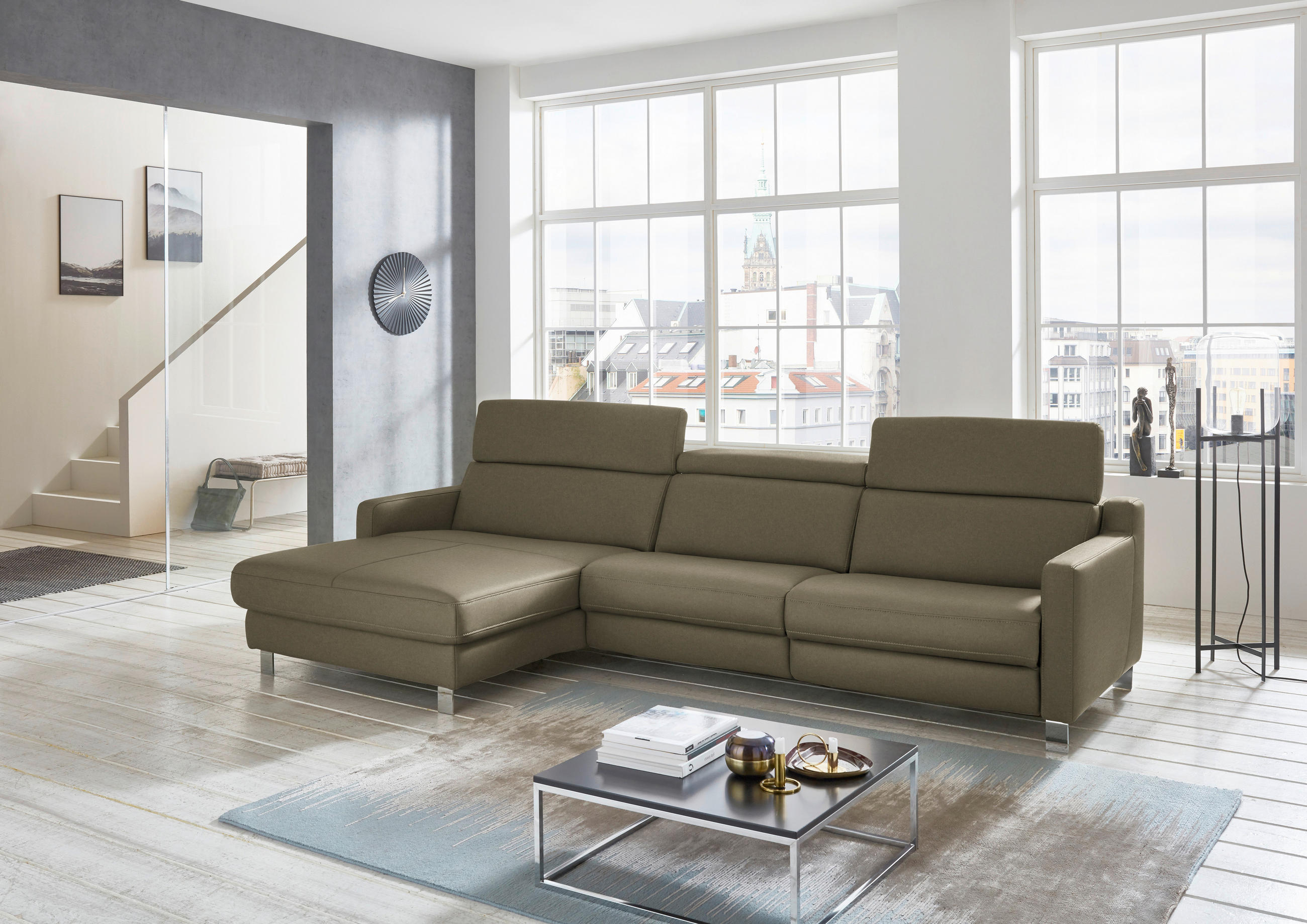 ECKSOFA in Echtleder Olivgrün  - Chromfarben/Olivgrün, Design, Leder/Metall (176/291cm) - Valdera